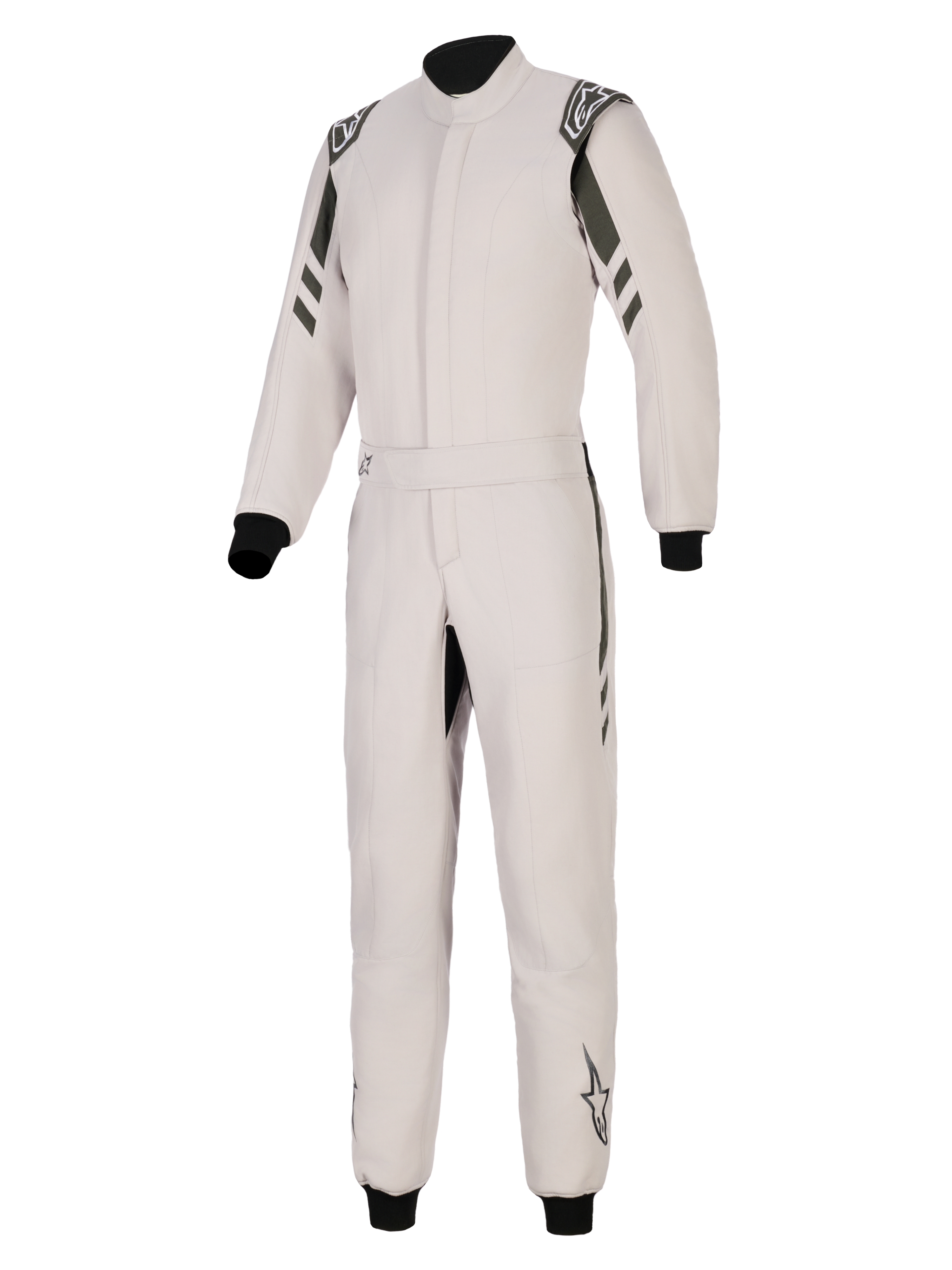 Alpinestars GP Race V3 Suit FIA, tuta da auto racing, Silver Anthracite, design a pezzo unico con dettagli antracite scuro su spalle e gambe, vita con cintura, polsini e caviglie a coste nere, loghi Alpinestars su spalline e gambe