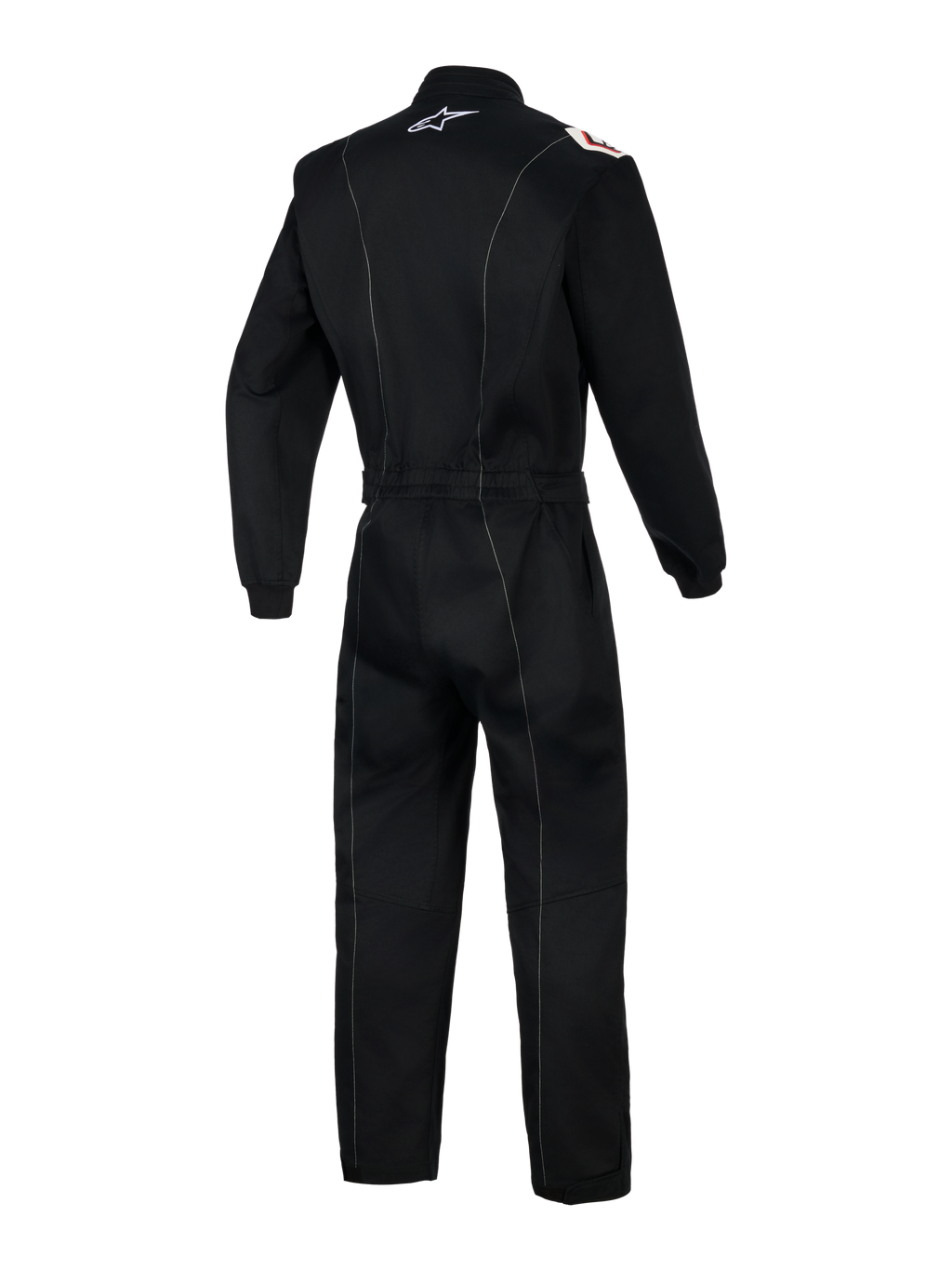 Tuta Alpinestars Kart Indoor V2, tuta da kart intera, nero con cuciture a contrasto bianche, vista posteriore con fascia elastica in vita e logo Alpinestars bianco sul colletto, design ergonomico per il karting indoor