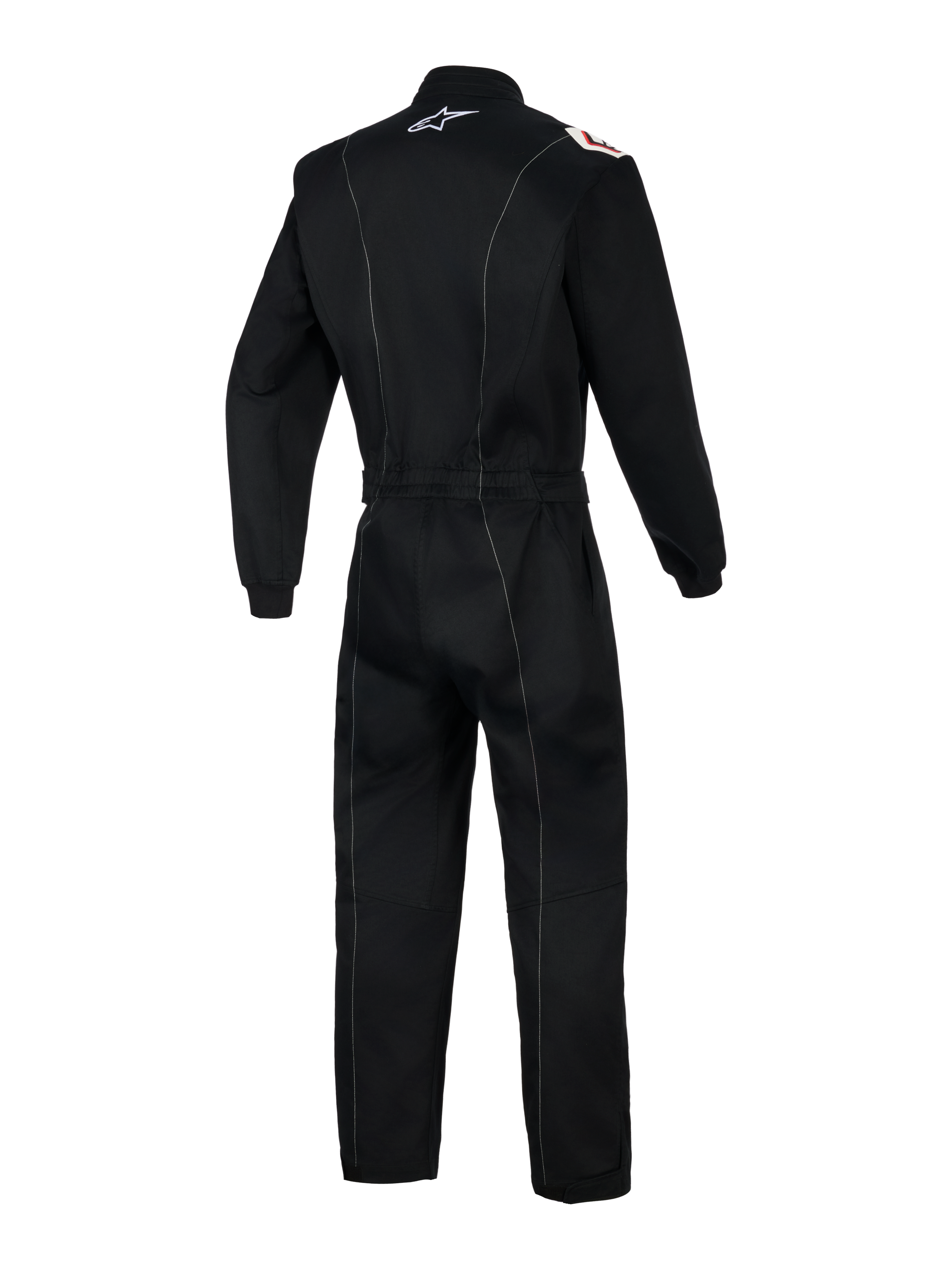 Tuta Alpinestars Kart Indoor V2, tuta da kart intera, nero con cuciture a contrasto bianche, vista posteriore con fascia elastica in vita e logo Alpinestars bianco sul colletto, design ergonomico per il karting indoor