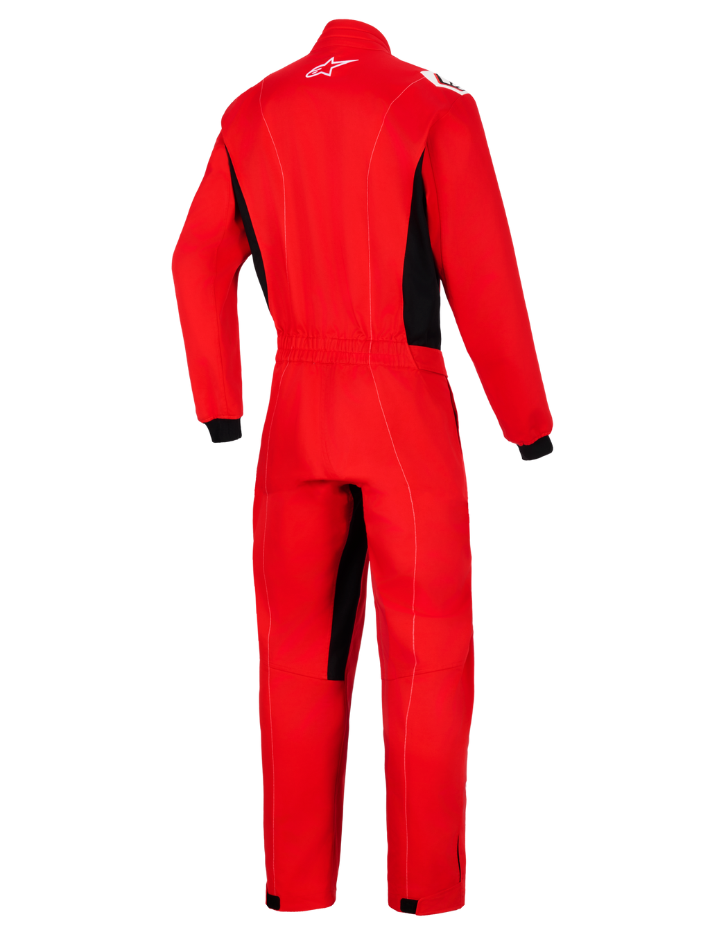 Alpinestars Kart Indoor V2 Suit, rossa, vista posteriore di una tuta intera da kart con pannelli laterali neri e inserti nell'interno gamba, caratterizzata da un logo Astars bianco sul retro del collo e vita elasticizzata