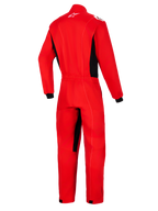 Alpinestars Kart Indoor V2 Suit, rossa, vista posteriore di una tuta intera da kart con pannelli laterali neri e inserti nell'interno gamba, caratterizzata da un logo Astars bianco sul retro del collo e vita elasticizzata
