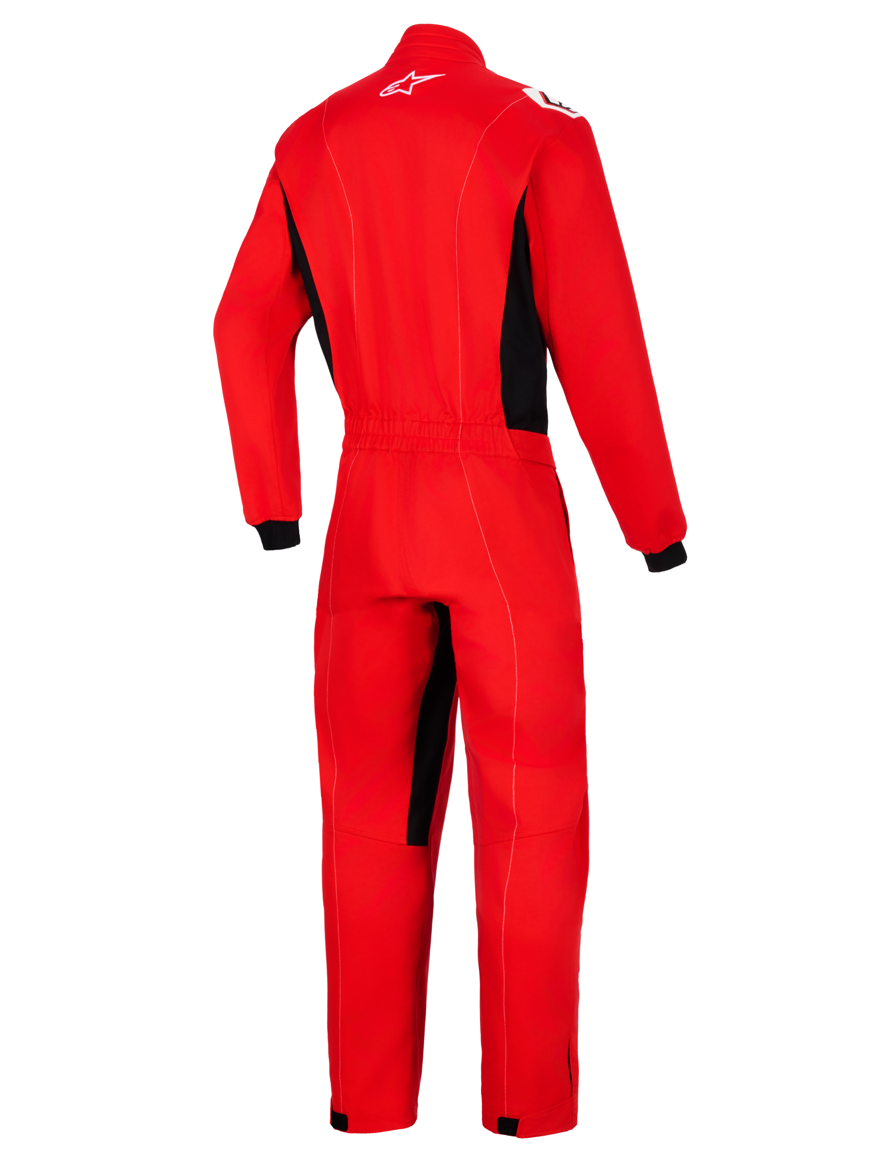 Alpinestars Kart Indoor V2 Suit, rossa, vista posteriore di una tuta intera da kart con pannelli laterali neri e inserti nell'interno gamba, caratterizzata da un logo Astars bianco sul retro del collo e vita elasticizzata