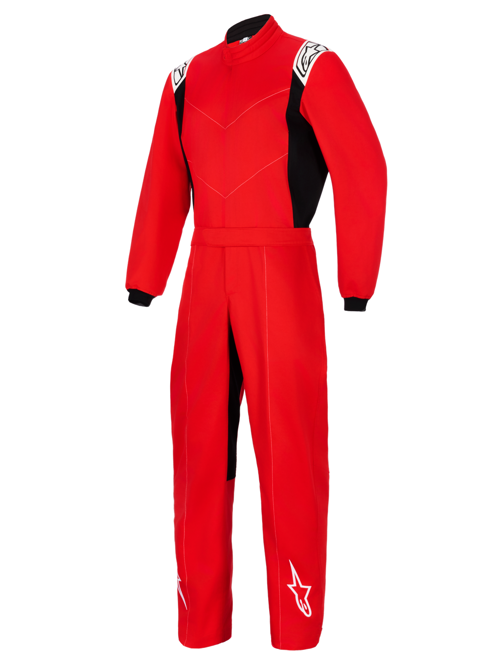 Alpinestars Kart Indoor V2 Suit, tuta da kart intera rossa con pannelli laterali neri, loghi bianchi sulle spalle e sulla parte inferiore della gamba, dotata di colletto alto e cintura elastica, progettata per il karting ricreativo