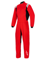 Alpinestars Kart Indoor V2 Suit, tuta da kart intera rossa con pannelli laterali neri, loghi bianchi sulle spalle e sulla parte inferiore della gamba, dotata di colletto alto e cintura elastica, progettata per il karting ricreativo