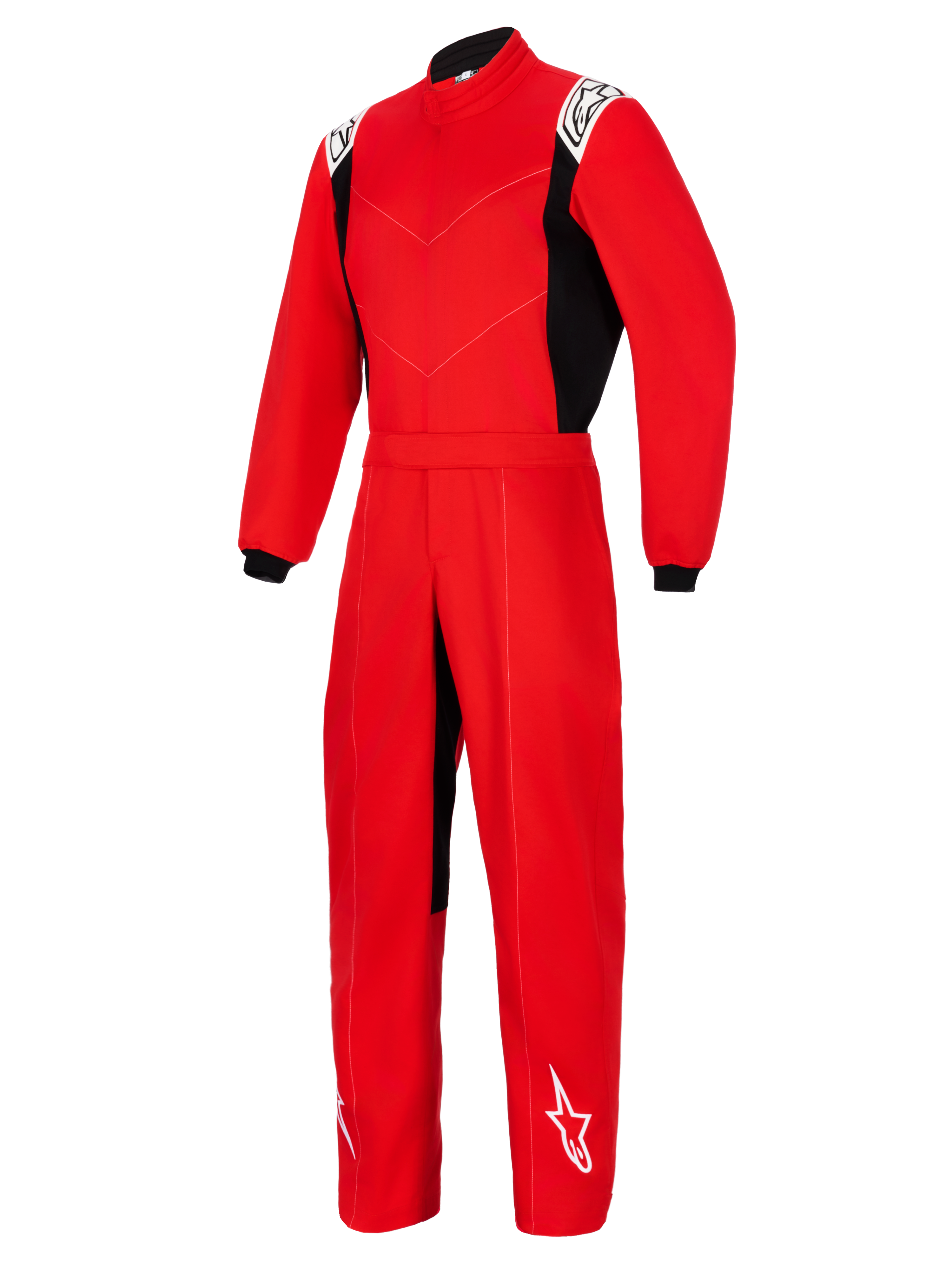 Alpinestars Kart Indoor V2 Suit, tuta da kart intera rossa con pannelli laterali neri, loghi bianchi sulle spalle e sulla parte inferiore della gamba, dotata di colletto alto e cintura elastica, progettata per il karting ricreativo