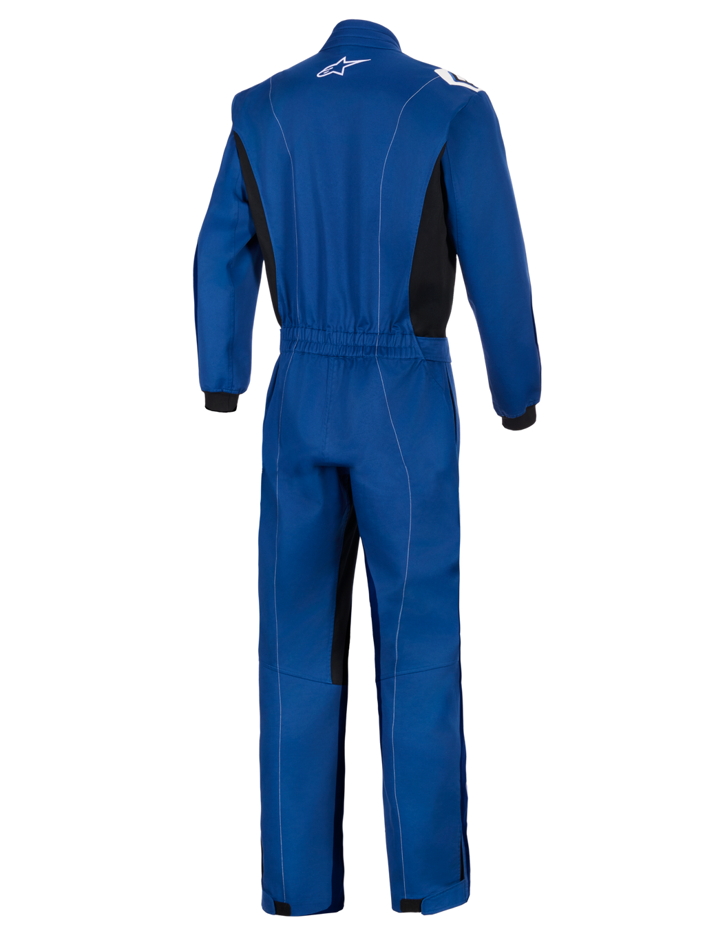 Alpinestars Kart Indoor V2 Suit, blu, vista posteriore di una tuta da kart monostrato, con fascia elastica in vita, pannelli laterali neri, cuciture bianche a contrasto e logo Alpinestars bianco sul colletto.