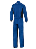 Alpinestars Kart Indoor V2 Suit, blu, vista posteriore di una tuta da kart monostrato, con fascia elastica in vita, pannelli laterali neri, cuciture bianche a contrasto e logo Alpinestars bianco sul colletto.