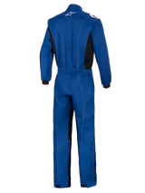 Alpinestars Kart Indoor V2 Suit, blu, vista posteriore di una tuta da kart monostrato, con fascia elastica in vita, pannelli laterali neri, cuciture bianche a contrasto e logo Alpinestars bianco sul colletto.