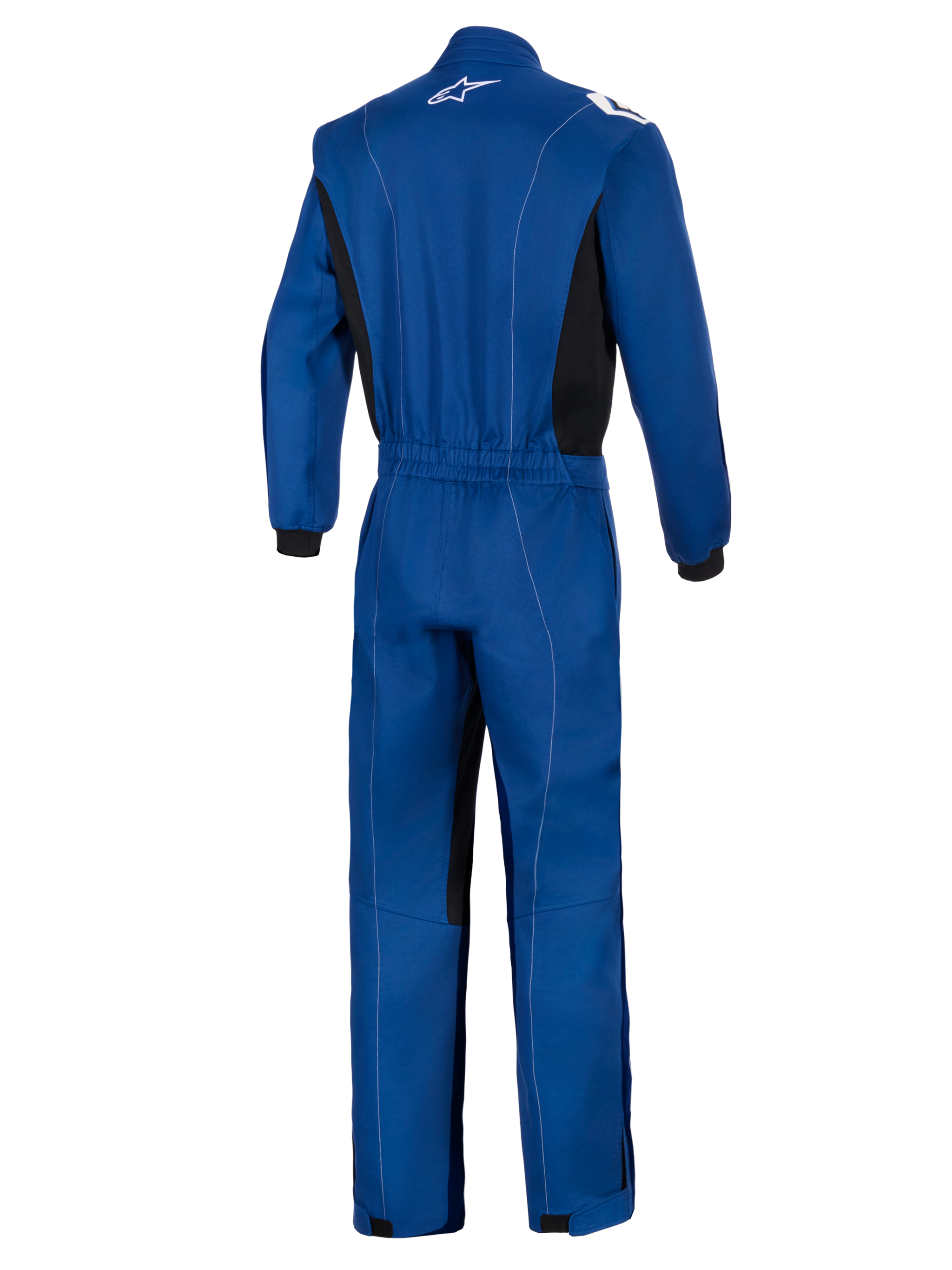 Alpinestars Kart Indoor V2 Suit, blu, vista posteriore di una tuta da kart monostrato, con fascia elastica in vita, pannelli laterali neri, cuciture bianche a contrasto e logo Alpinestars bianco sul colletto.