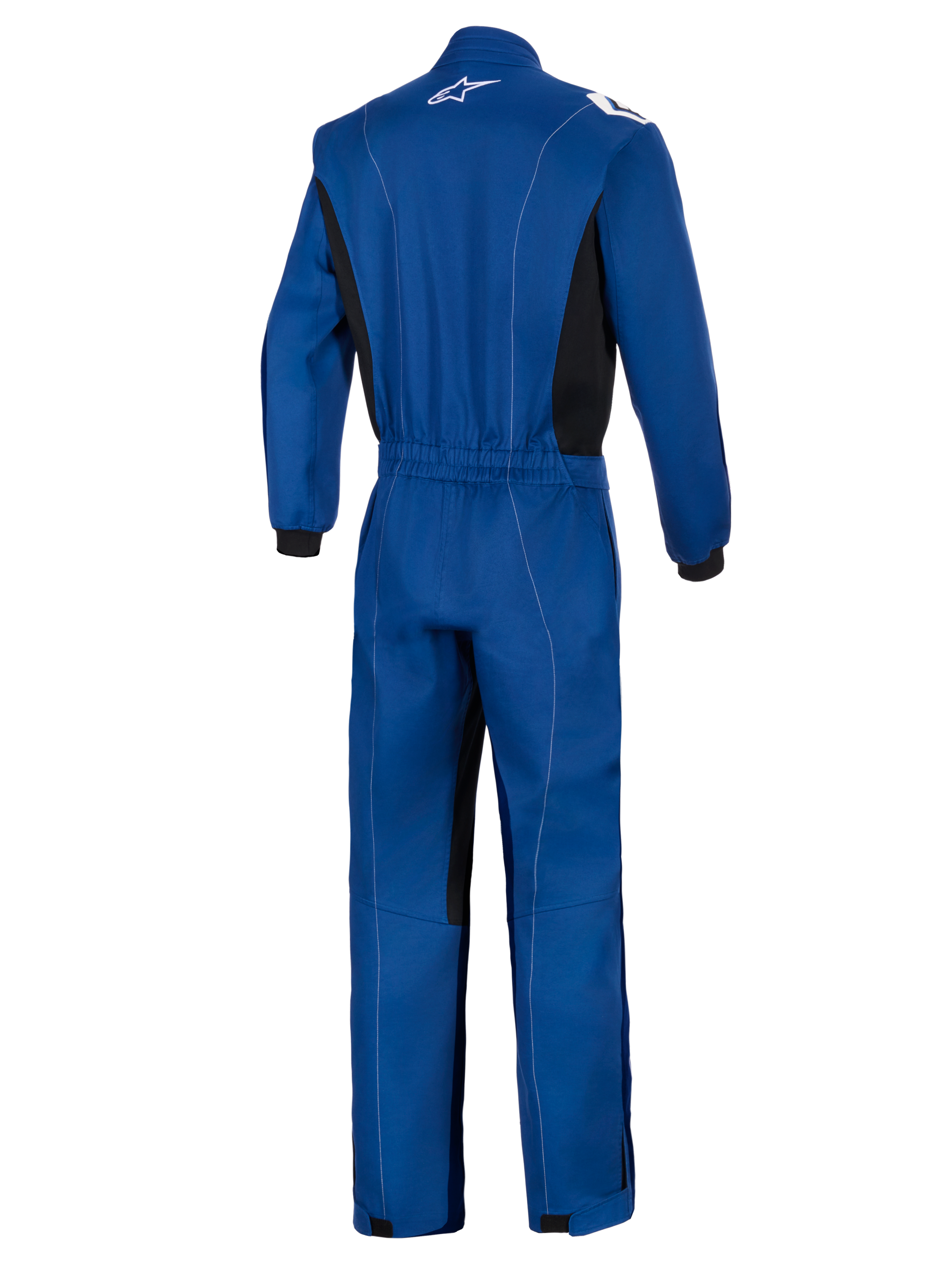 Alpinestars Kart Indoor V2 Suit, blu, vista posteriore di una tuta da kart monostrato, con fascia elastica in vita, pannelli laterali neri, cuciture bianche a contrasto e logo Alpinestars bianco sul colletto.