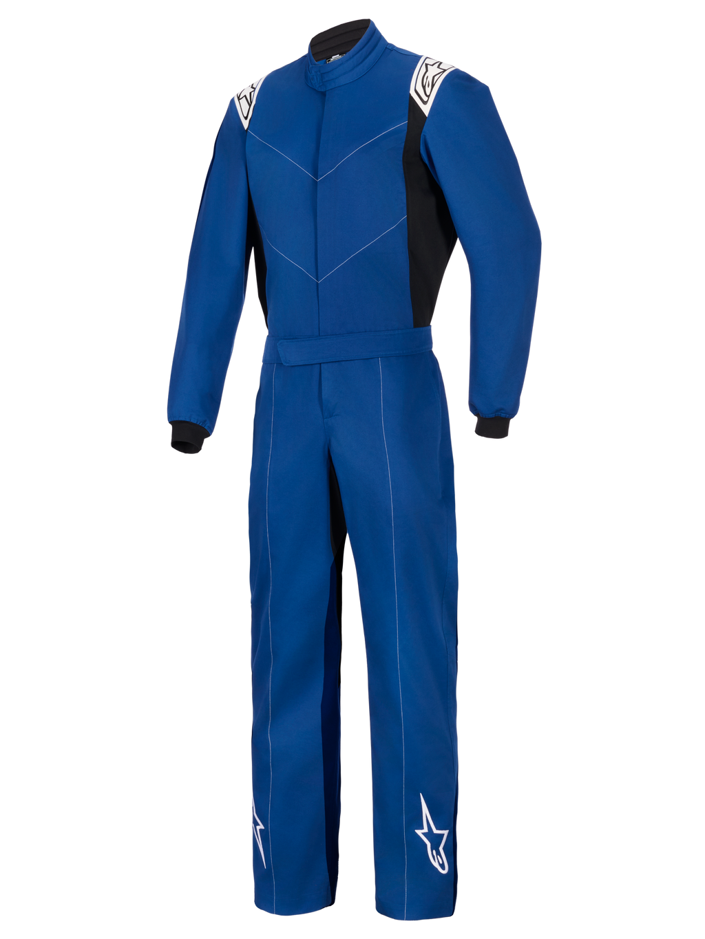 Alpinestars Kart Indoor V2 Suit, tuta da kart intera, blu con loghi Alpinestars bianchi su spalle e fondo gamba, pannelli laterali e polsini neri, resistente costruzione in twill di policotone a strato singolo per karting ricreativo.