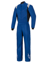 Alpinestars Kart Indoor V2 Suit, tuta da kart intera, blu con loghi Alpinestars bianchi su spalle e fondo gamba, pannelli laterali e polsini neri, resistente costruzione in twill di policotone a strato singolo per karting ricreativo.