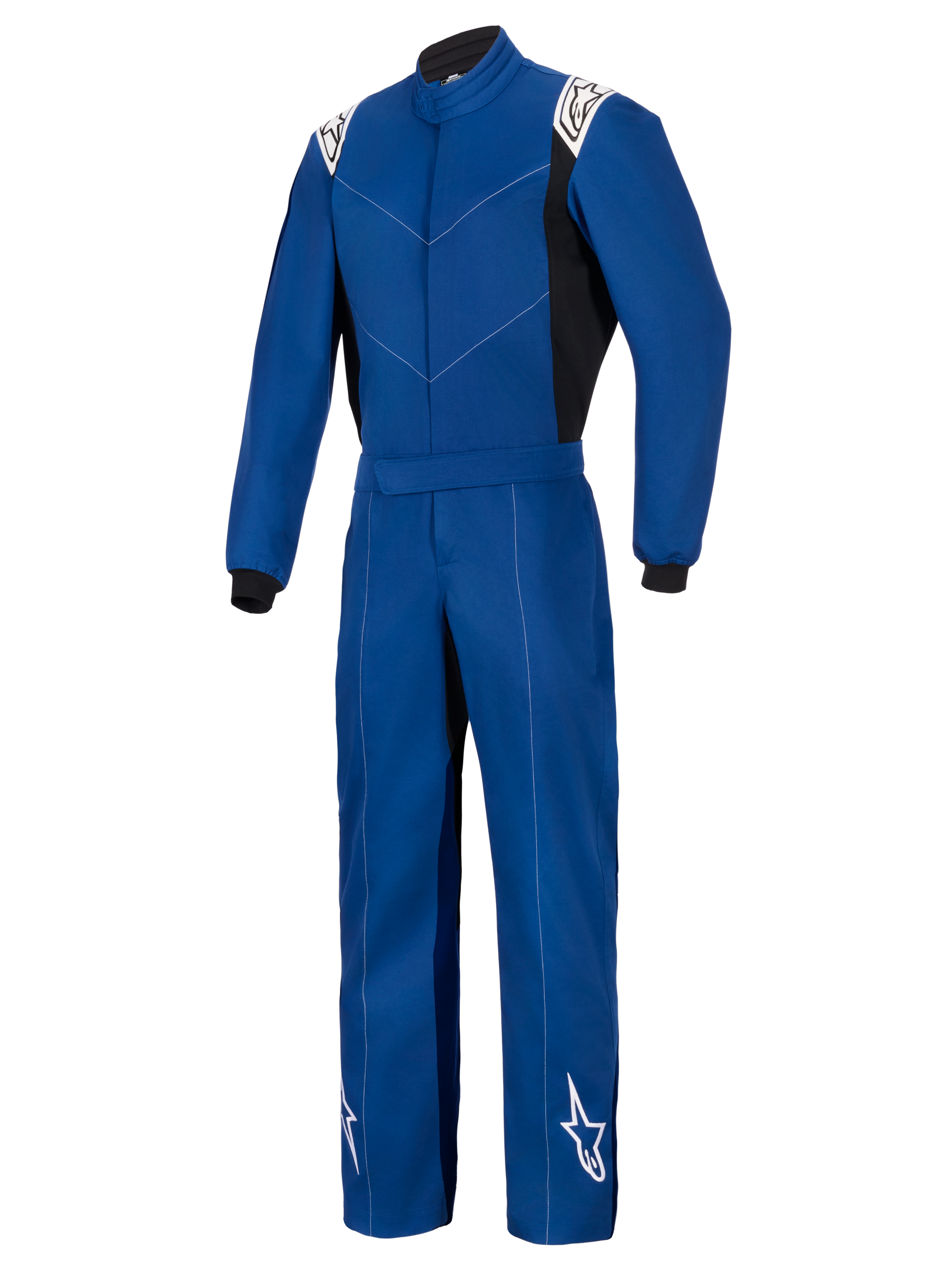 Alpinestars Kart Indoor V2 Suit, tuta da kart intera, blu con loghi Alpinestars bianchi su spalle e fondo gamba, pannelli laterali e polsini neri, resistente costruzione in twill di policotone a strato singolo per karting ricreativo.