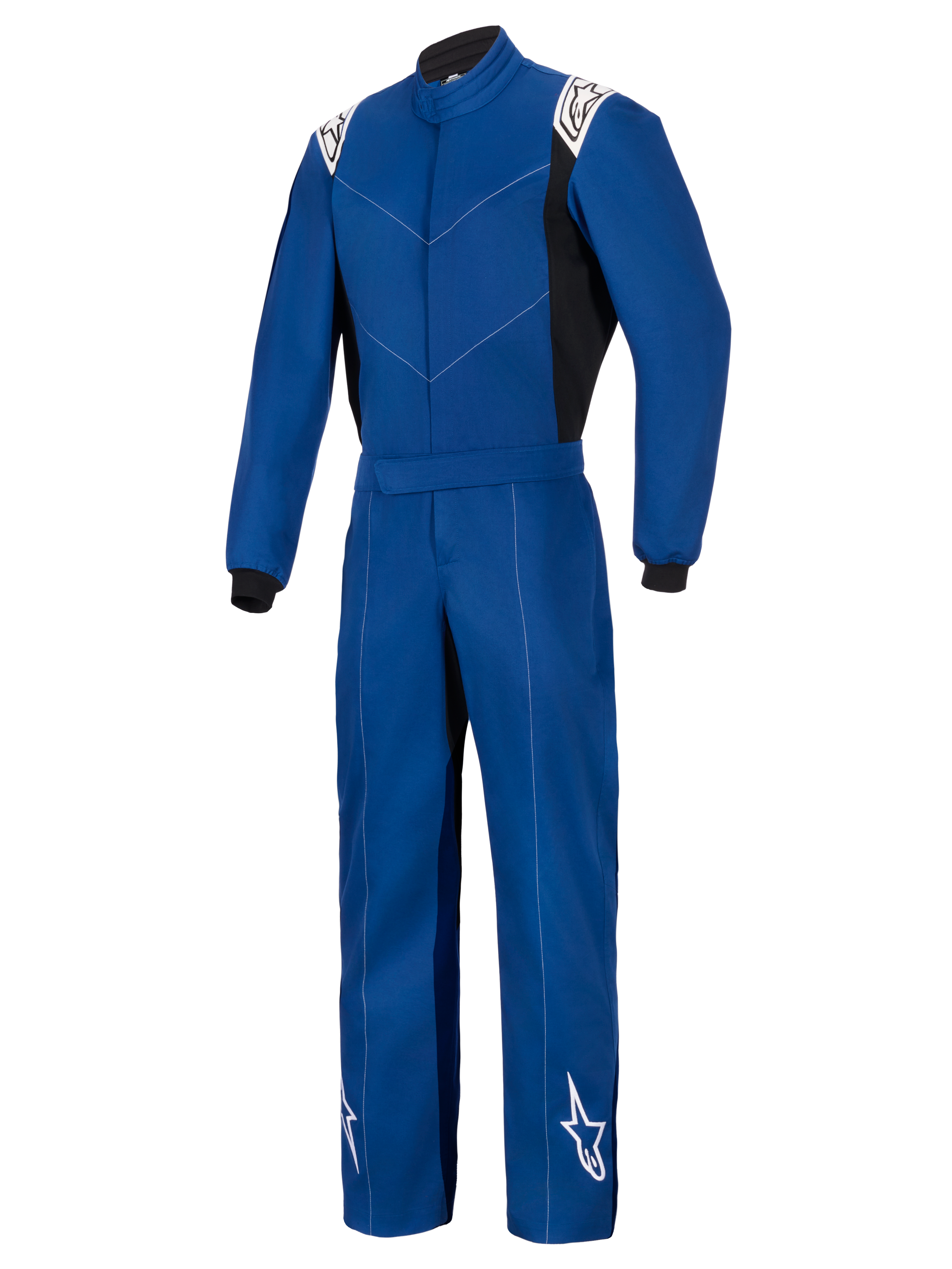 Alpinestars Kart Indoor V2 Suit, tuta da kart intera, blu con loghi Alpinestars bianchi su spalle e fondo gamba, pannelli laterali e polsini neri, resistente costruzione in twill di policotone a strato singolo per karting ricreativo.
