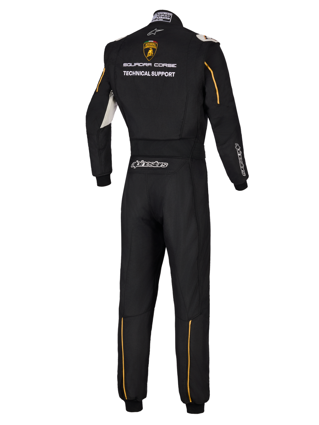 Alpinestars Limited Edition Lamborghini GP Tech V4 Suit FIA, vista posteriore di una tuta professionale da corsa nera, con logo Lamborghini Squadra Corse e scritta Technical Support, accenti oro e branding Alpinestars argento.