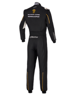 Alpinestars Limited Edition Lamborghini GP Tech V4 Suit FIA, vista posteriore di una tuta professionale da corsa nera, con logo Lamborghini Squadra Corse e scritta Technical Support, accenti oro e branding Alpinestars argento.