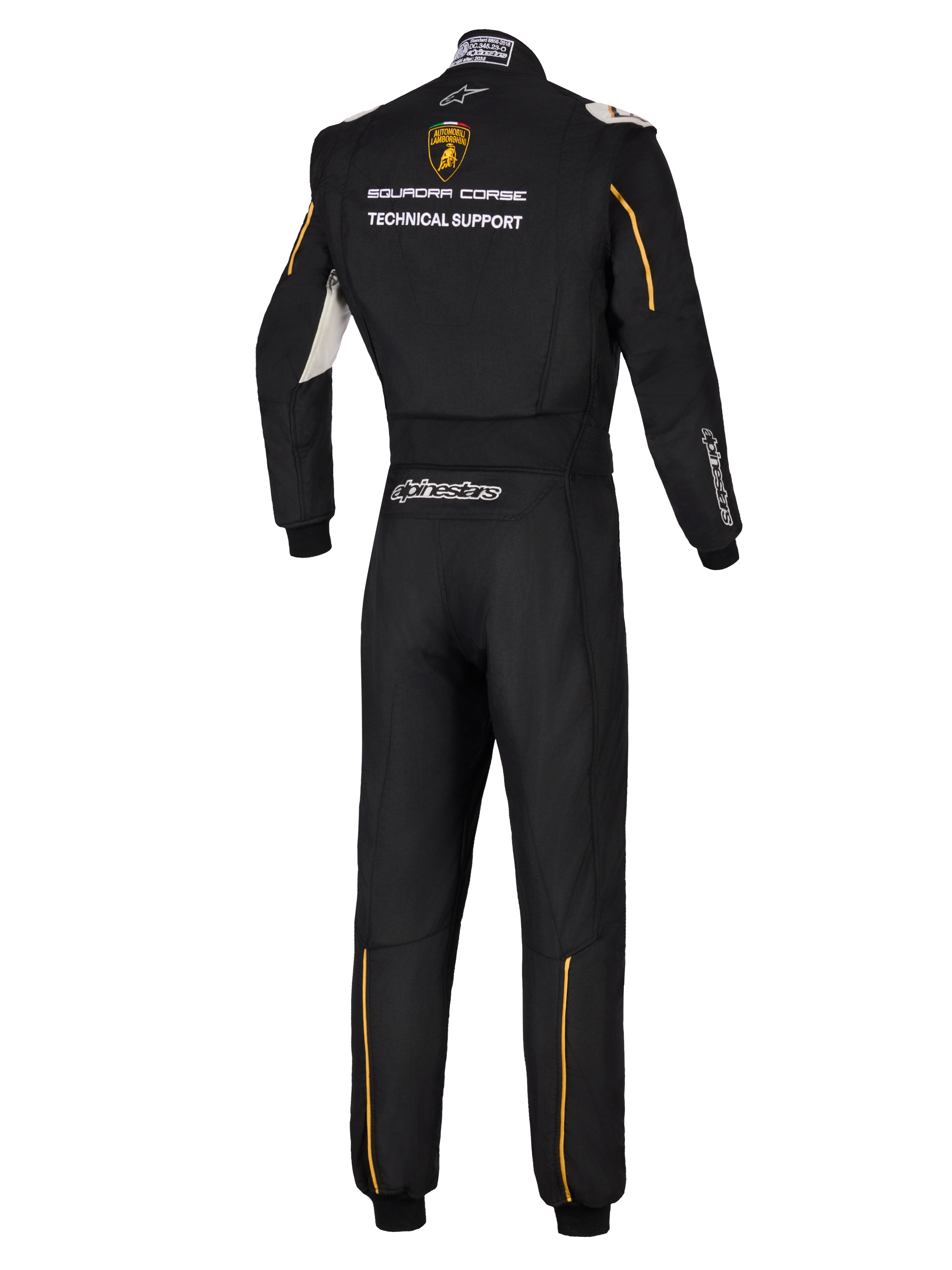 Alpinestars Limited Edition Lamborghini GP Tech V4 Suit FIA, vista posteriore di una tuta professionale da corsa nera, con logo Lamborghini Squadra Corse e scritta Technical Support, accenti oro e branding Alpinestars argento.