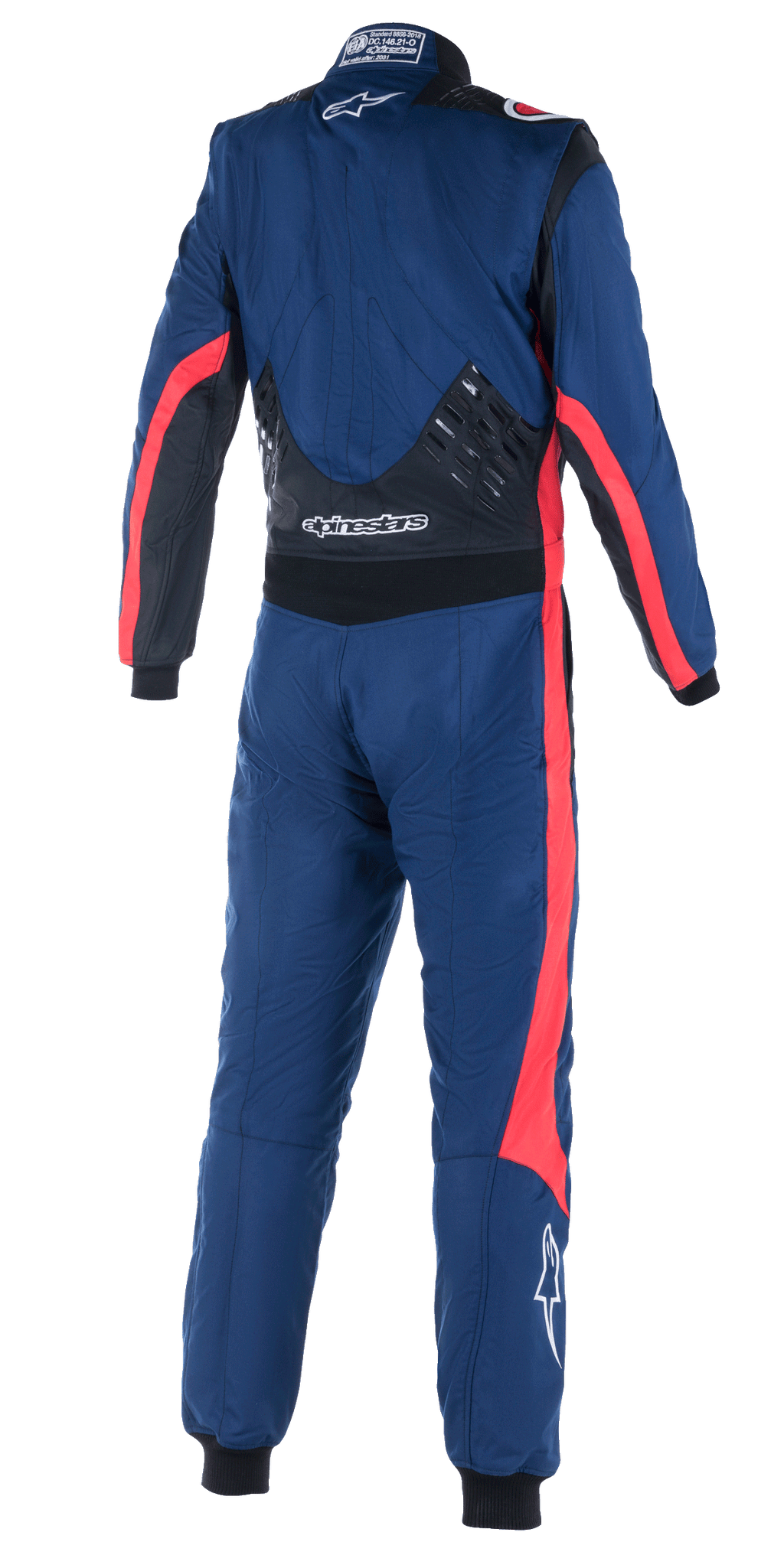 Alpinestars GP Pro Comp V2 FIA Suit, vista posteriore di tuta intera da corsa auto, blu navy con accenti neri e rossi, con pannelli grip in silicone sulla parte bassa della schiena, strisce da corsa rosse su maniche e gambe e marchio Alpinestars bianco, attrezzatura professionale ad alte prestazioni