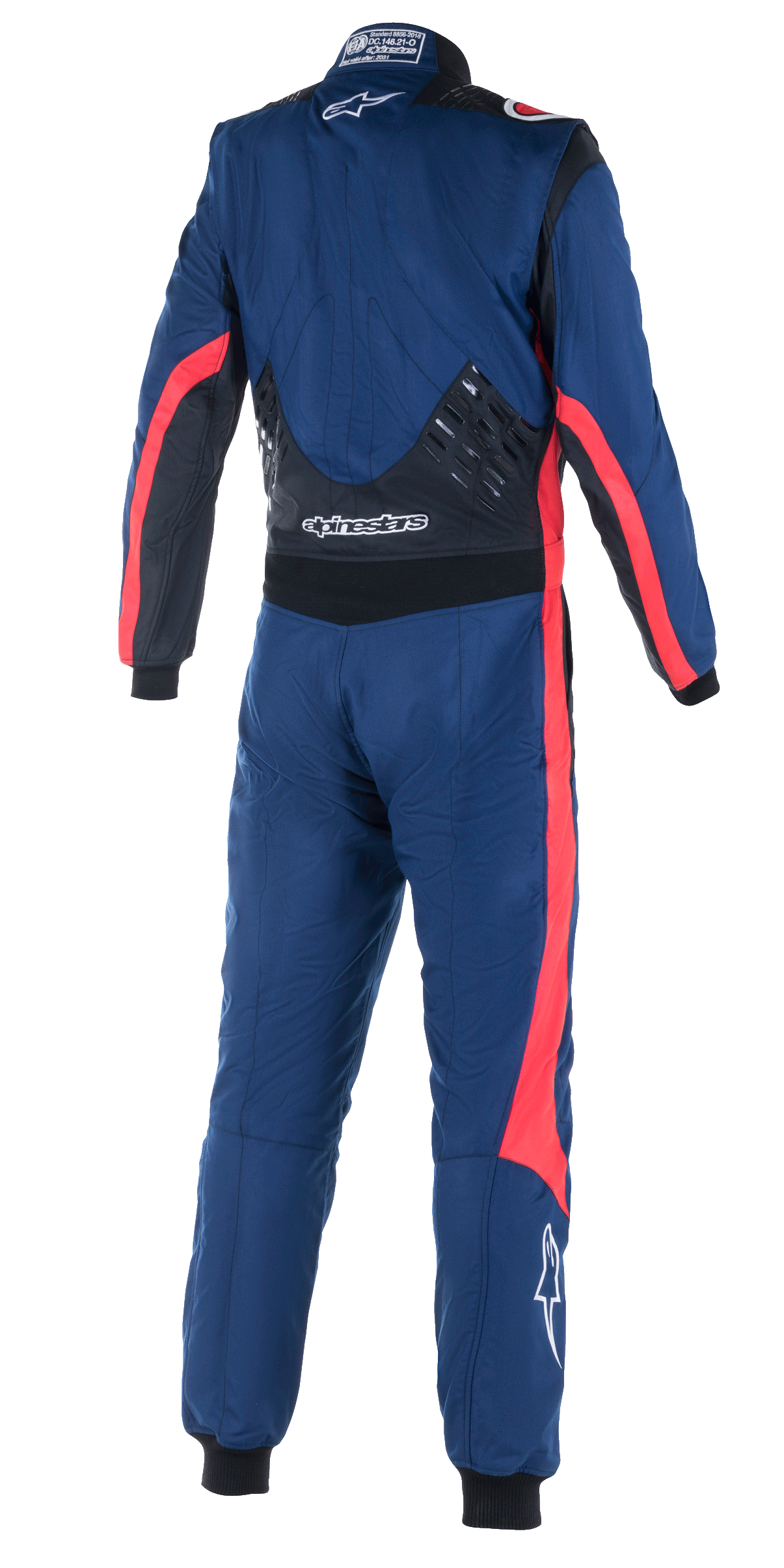Alpinestars GP Pro Comp V2 FIA Suit, vista posteriore di tuta intera da corsa auto, blu navy con accenti neri e rossi, con pannelli grip in silicone sulla parte bassa della schiena, strisce da corsa rosse su maniche e gambe e marchio Alpinestars bianco, attrezzatura professionale ad alte prestazioni
