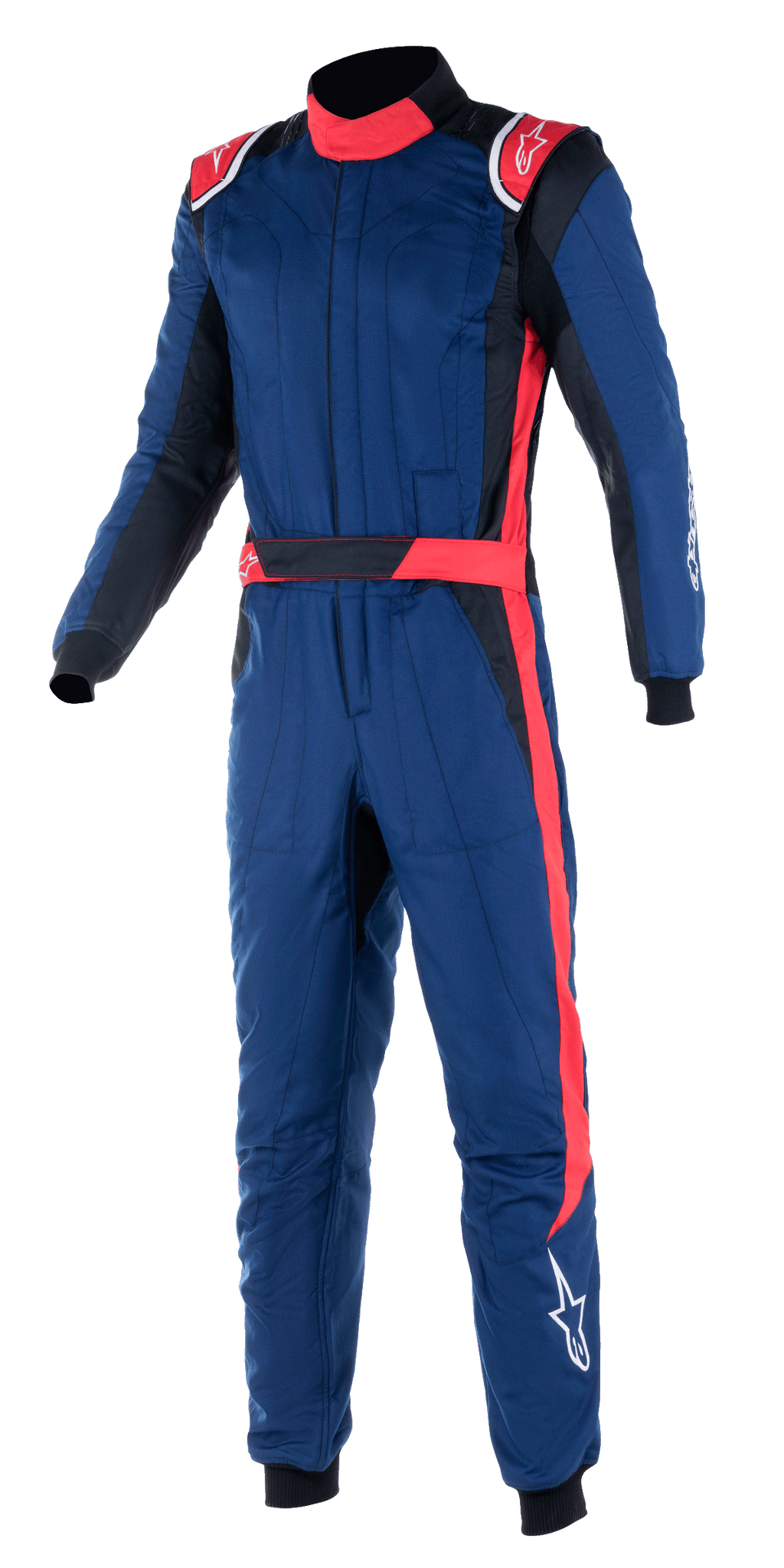 Alpinestars Tuta GP Pro Comp V2 FIA, tuta da corsa auto professionale intera, blu navy con accenti rossi e neri, spalline rosse, colletto alto e striscia rossa sulla gamba, equipaggiamento protettivo per motorsport