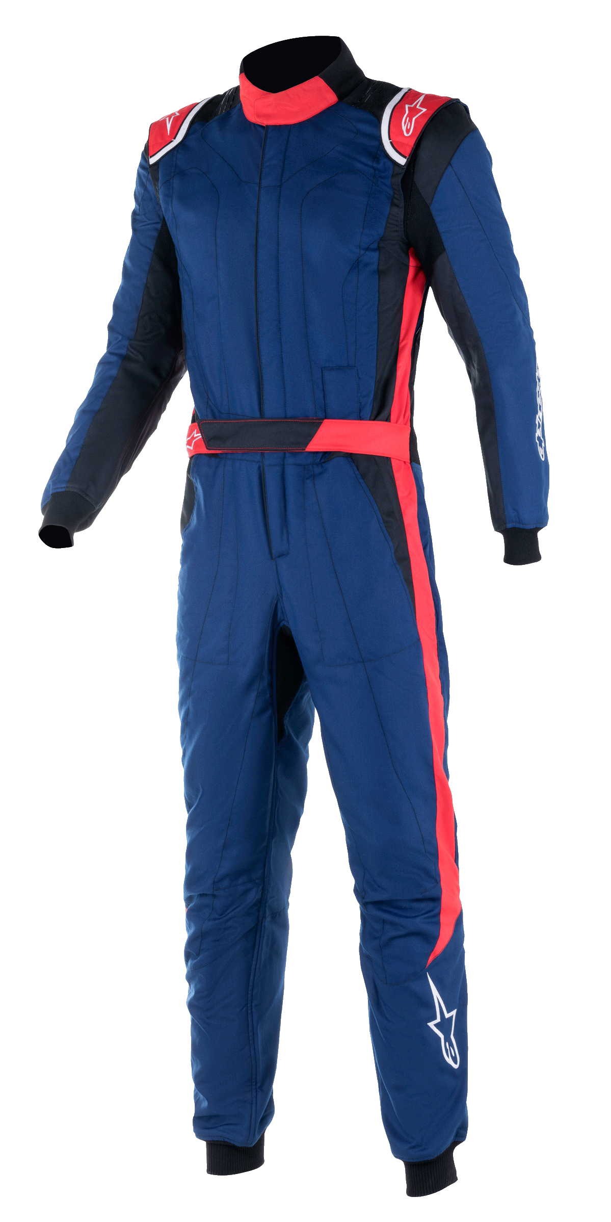 Alpinestars Tuta GP Pro Comp V2 FIA, tuta da corsa auto professionale intera, blu navy con accenti rossi e neri, spalline rosse, colletto alto e striscia rossa sulla gamba, equipaggiamento protettivo per motorsport