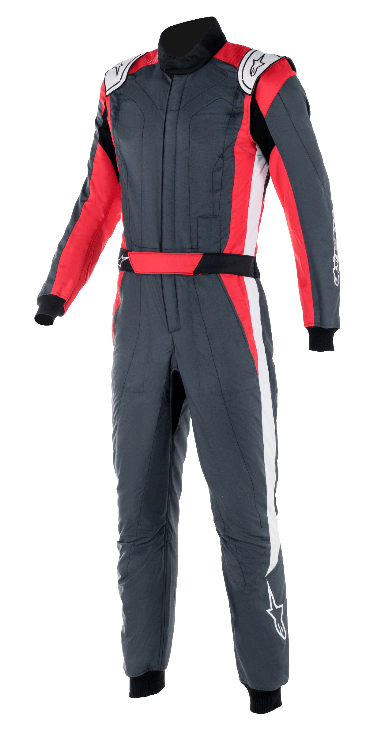 Alpinestars GP Pro Comp V2 FIA Suit, tuta da corsa automobilistica, grigio asfalto con dettagli rossi e bianchi, dotata di collo alto, cintura rossa integrata e strisce laterali bianche, abbigliamento protettivo professionale per motorsport