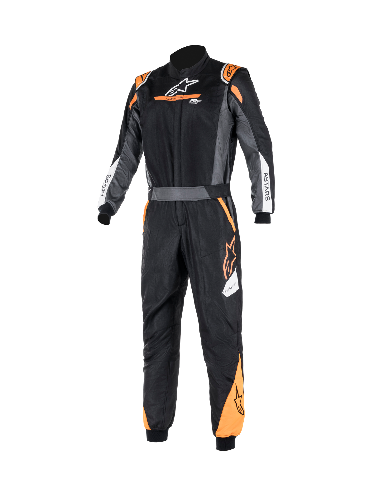 Alpinestars Tuta Atom Graphic, tuta intera da gara auto FIA in nero, antracite e arancione fluo, vista frontale con struttura aramidica ignifuga, cintura in vita e logo ASTARS.