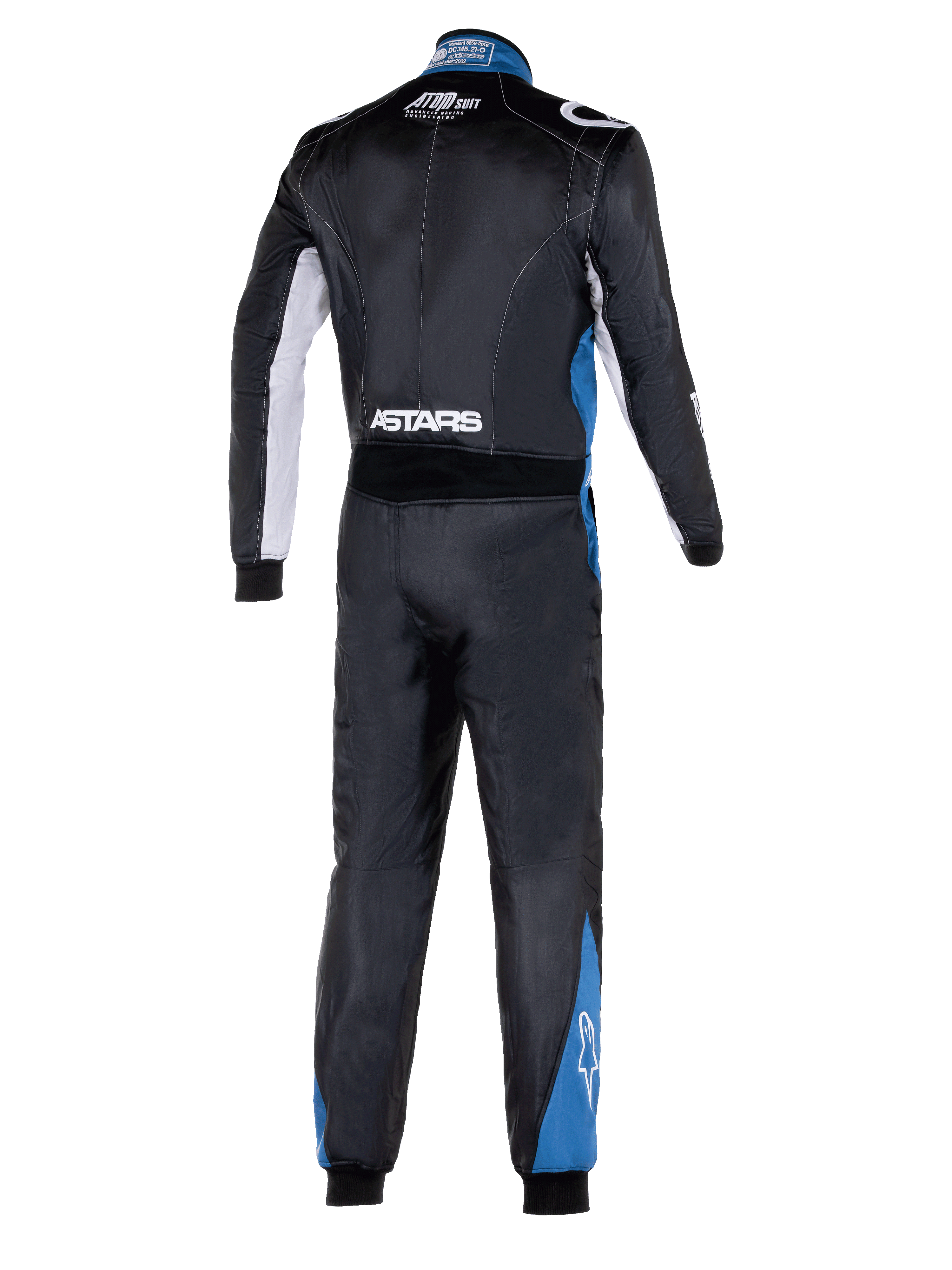 Alpinestars Atom Graphic 4 Suit, vista posteriore completa di tuta da corsa, nero con accenti argento e blu, logo ASTARS bianco in vita e pannelli blu sulle gambe, abbigliamento protettivo professionale da motorsport certificato FIA