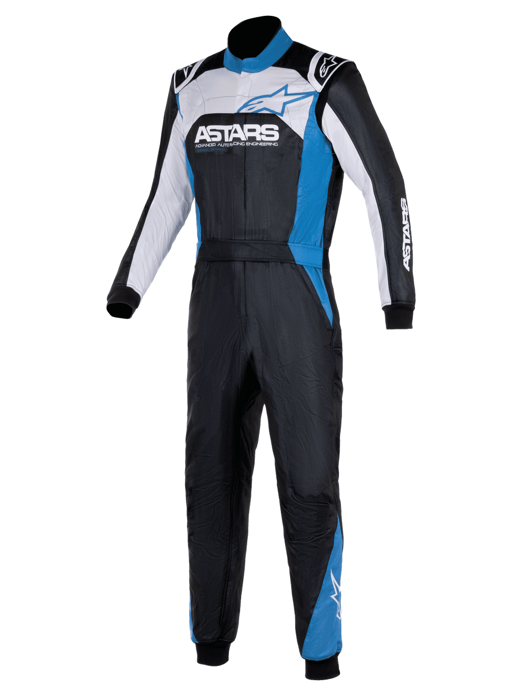 Alpinestars Atom Graphic 4 Suit, tuta da corsa auto monopezzo, nero, argento e blu, con marchio ASTARS sul petto, pannelli bianchi e blu, colletto alto e polsini a costine, abbigliamento protettivo professionale per motorsport
