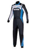 Alpinestars Atom Graphic 4 Suit, tuta da corsa auto monopezzo, nero, argento e blu, con marchio ASTARS sul petto, pannelli bianchi e blu, colletto alto e polsini a costine, abbigliamento protettivo professionale per motorsport