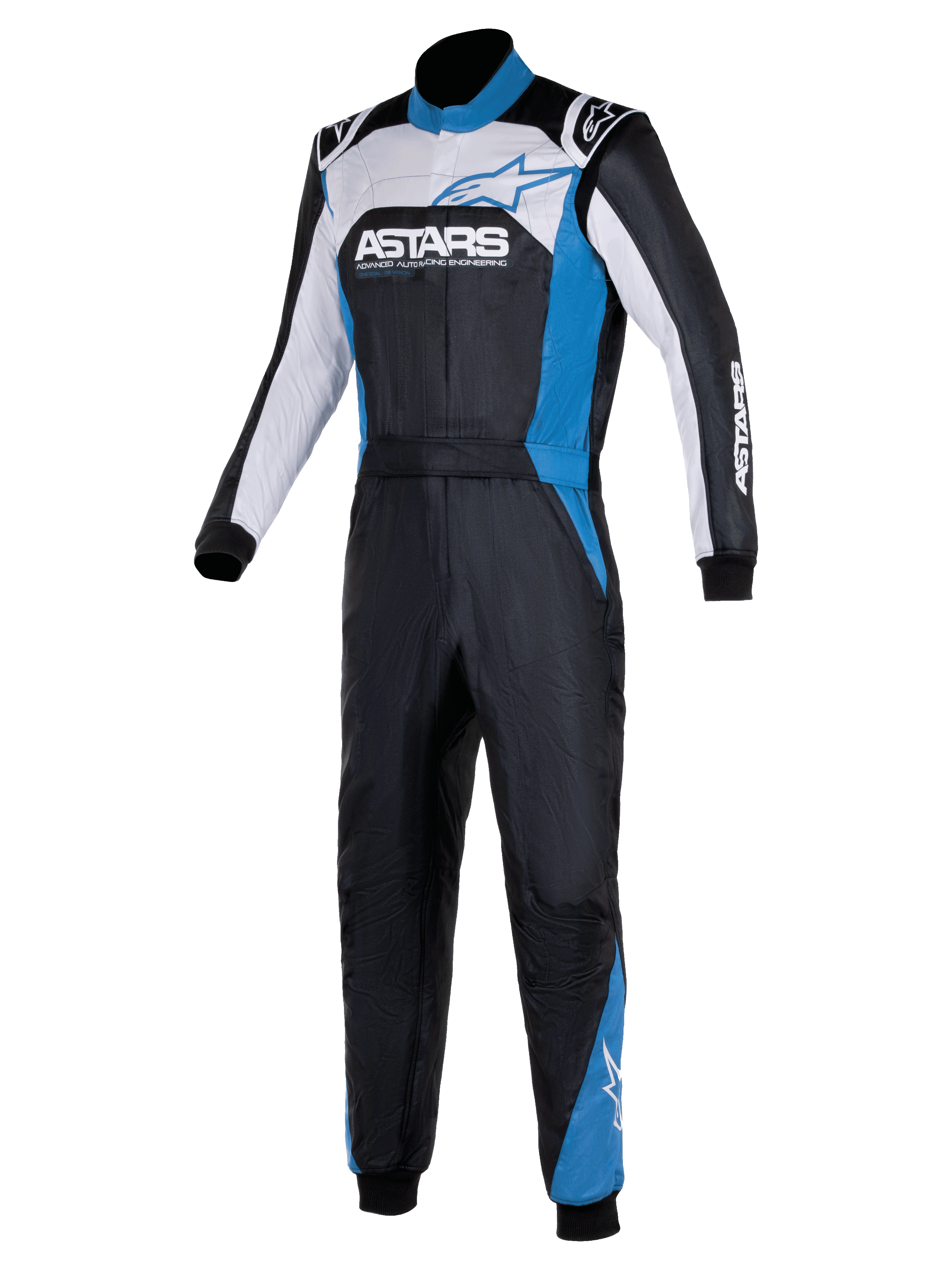 Alpinestars Atom Graphic 4 Suit, tuta da corsa auto monopezzo, nero, argento e blu, con marchio ASTARS sul petto, pannelli bianchi e blu, colletto alto e polsini a costine, abbigliamento protettivo professionale per motorsport