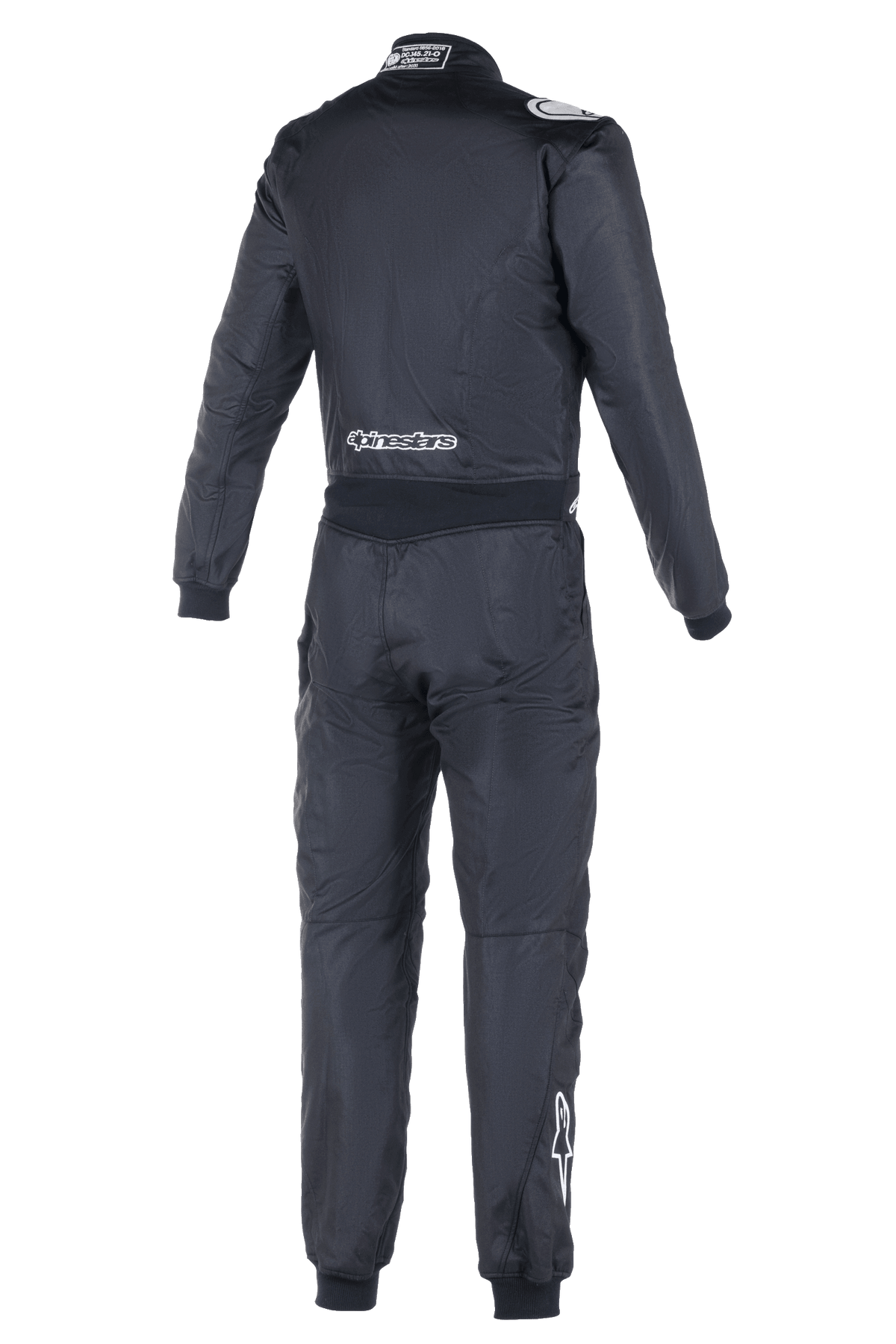 Alpinestars Atom FIA Suit, tuta da corsa auto, vista posteriore in nero, con branding Alpinestars bianco sulla parte bassa della schiena e sul polpaccio destro, etichetta di omologazione FIA sul colletto, costruzione tessile monopezzo per la sicurezza professionale nel motorsport