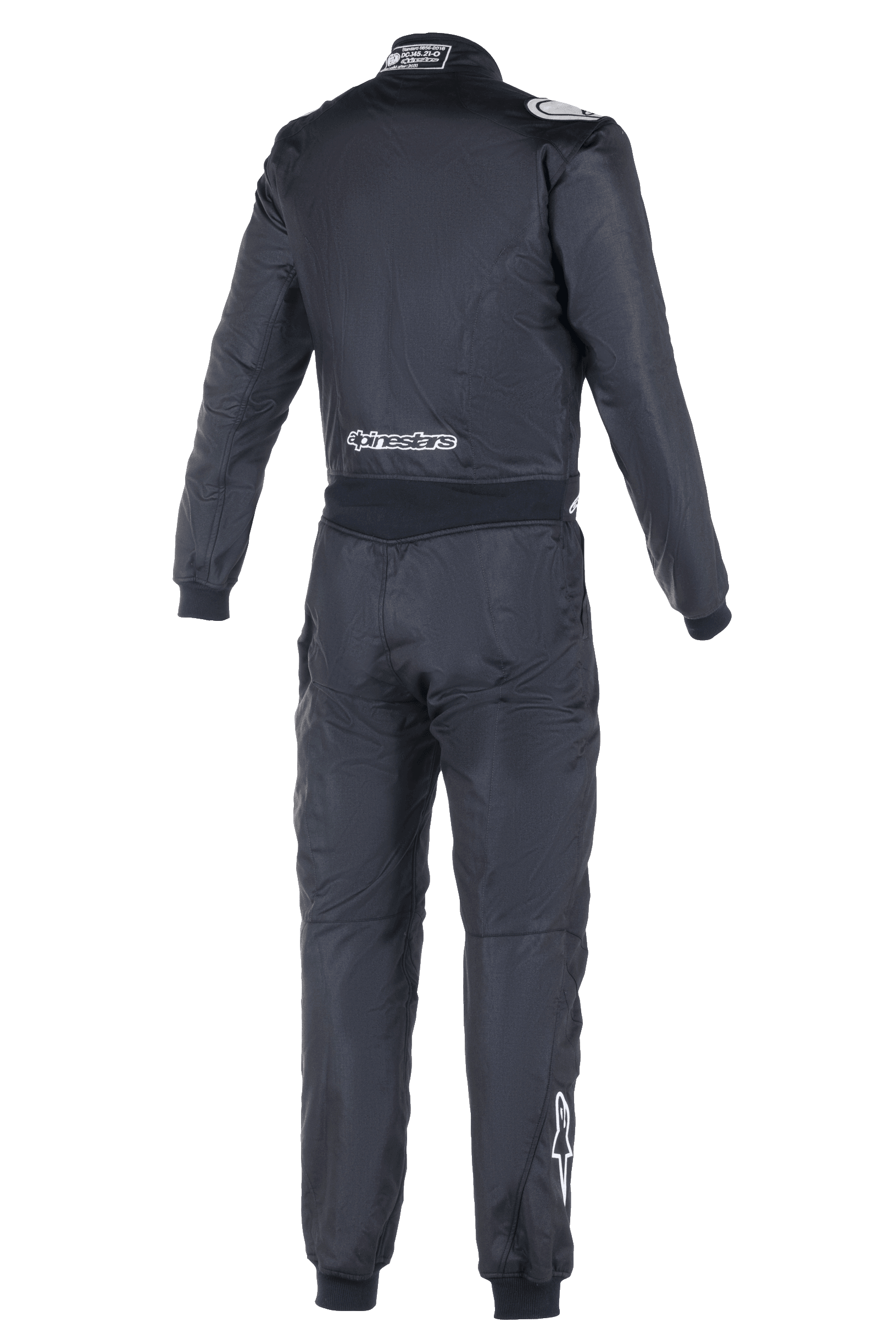 Alpinestars Atom FIA Suit, tuta da corsa auto, vista posteriore in nero, con branding Alpinestars bianco sulla parte bassa della schiena e sul polpaccio destro, etichetta di omologazione FIA sul colletto, costruzione tessile monopezzo per la sicurezza professionale nel motorsport