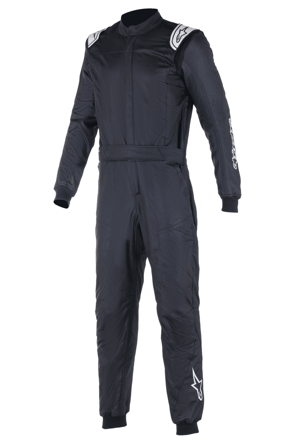 Alpinestars Atom FIA Suit, tuta da corsa auto nera, design a pezzo unico con loghi Alpinestars bianchi sulle spalle e sulla gamba sinistra, collo alto con polsini a costine e cintura in vita, abbigliamento professionale per motorsport e corse