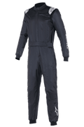 Alpinestars Atom FIA Suit, tuta da corsa auto nera, design a pezzo unico con loghi Alpinestars bianchi sulle spalle e sulla gamba sinistra, collo alto con polsini a costine e cintura in vita, abbigliamento professionale per motorsport e corse