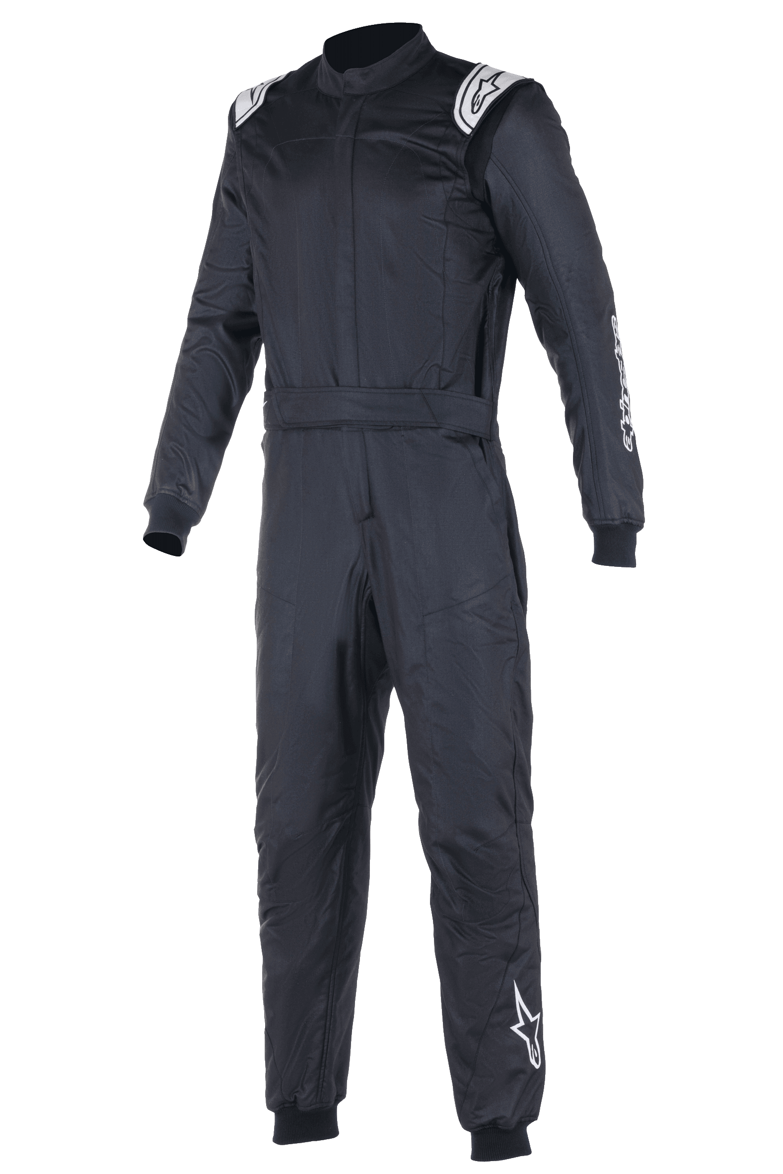 Alpinestars Atom FIA Suit, tuta da corsa auto nera, design a pezzo unico con loghi Alpinestars bianchi sulle spalle e sulla gamba sinistra, collo alto con polsini a costine e cintura in vita, abbigliamento professionale per motorsport e corse