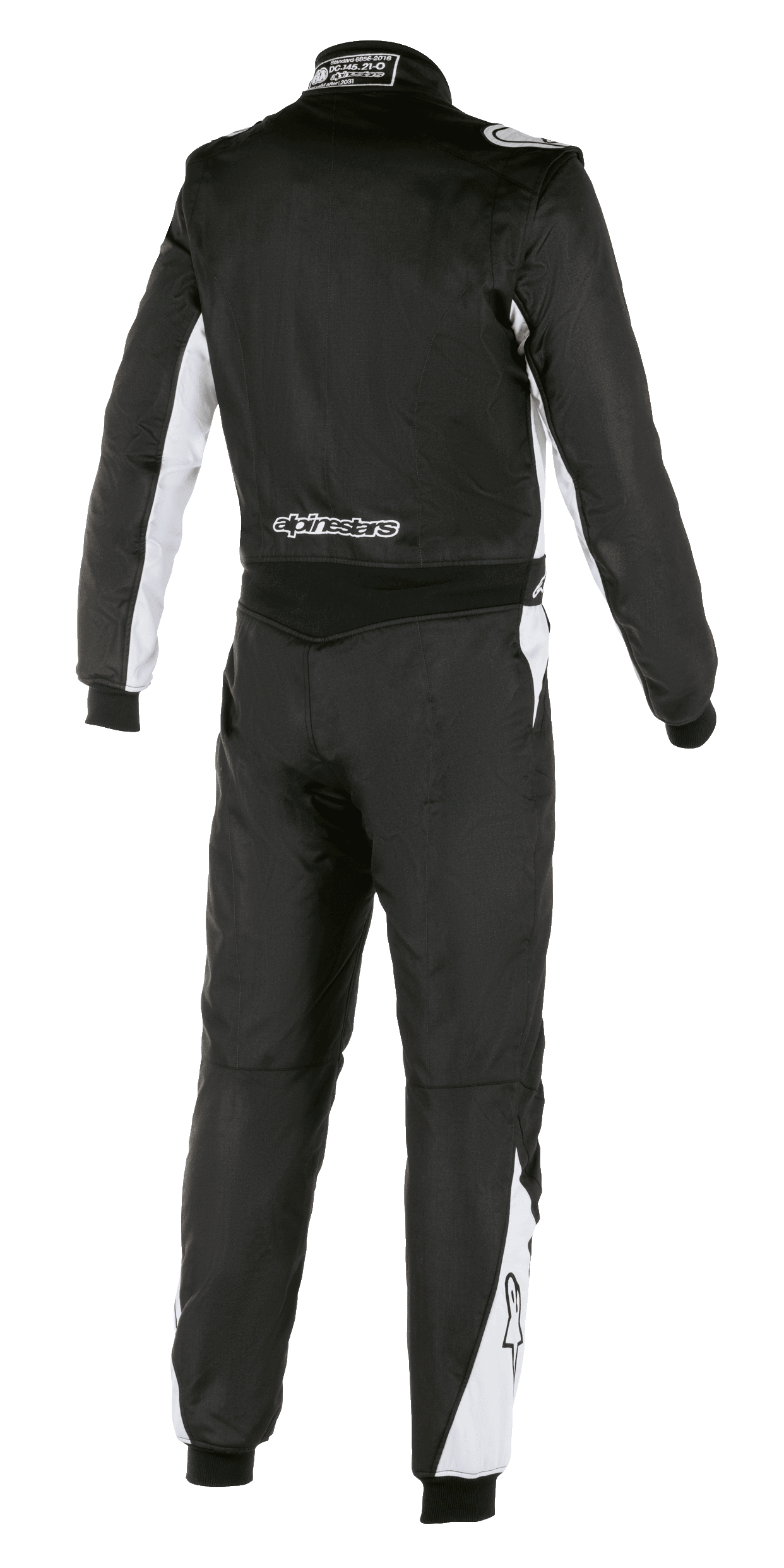 Tuta Alpinestars Atom FIA, tuta da gara automobilistica, nero e argento, vista posteriore, con dettagli bianchi su maniche e gambe, logo Alpinestars sulla parte bassa della schiena, robusta costruzione in aramide per motorsport professionale
