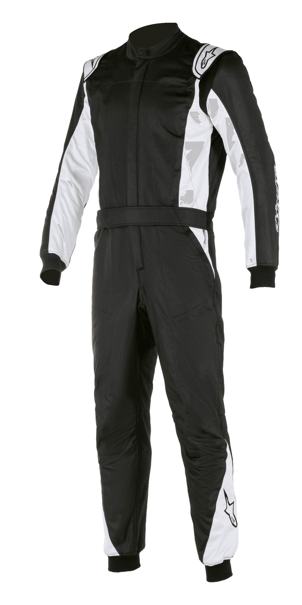 Alpinestars Atom FIA Suit, tuta da corsa automobilistica, nero e argento, con pannelli bianchi su maniche e gambe, spalline, cintura in vita e polsini a costine, design professionale per motorsport certificato FIA