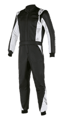 Alpinestars Atom FIA Suit, tuta da corsa automobilistica, nero e argento, con pannelli bianchi su maniche e gambe, spalline, cintura in vita e polsini a costine, design professionale per motorsport certificato FIA
