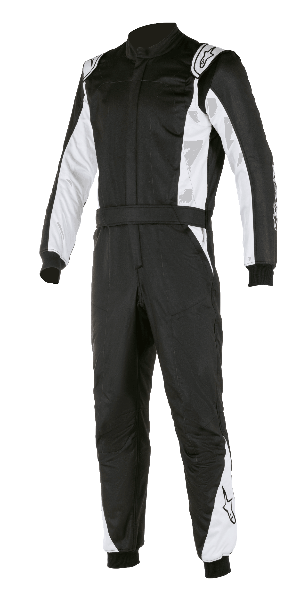 Alpinestars Atom FIA Suit, tuta da corsa automobilistica, nero e argento, con pannelli bianchi su maniche e gambe, spalline, cintura in vita e polsini a costine, design professionale per motorsport certificato FIA