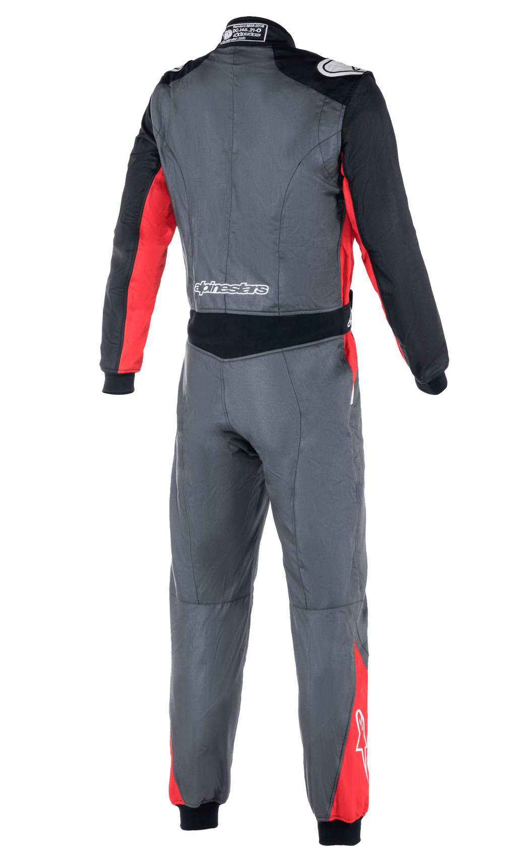 Tuta Alpinestars Atom FIA, tuta da corsa auto, antracite, rosso e nero, vista posteriore che mostra i pannelli elastici in vita, le spalline e il marchio Alpinestars sulla parte bassa della schiena e sulle spalle.