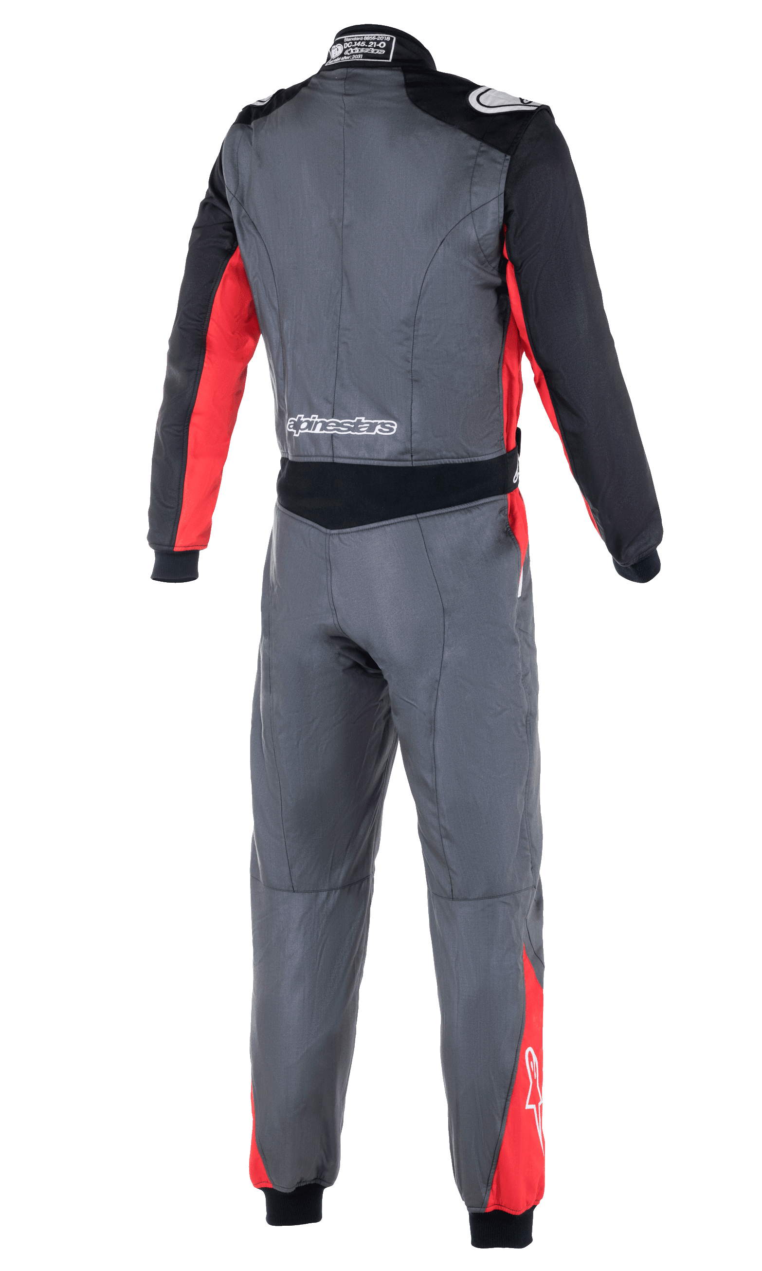 Tuta Alpinestars Atom FIA, tuta da corsa auto, antracite, rosso e nero, vista posteriore che mostra i pannelli elastici in vita, le spalline e il marchio Alpinestars sulla parte bassa della schiena e sulle spalle.