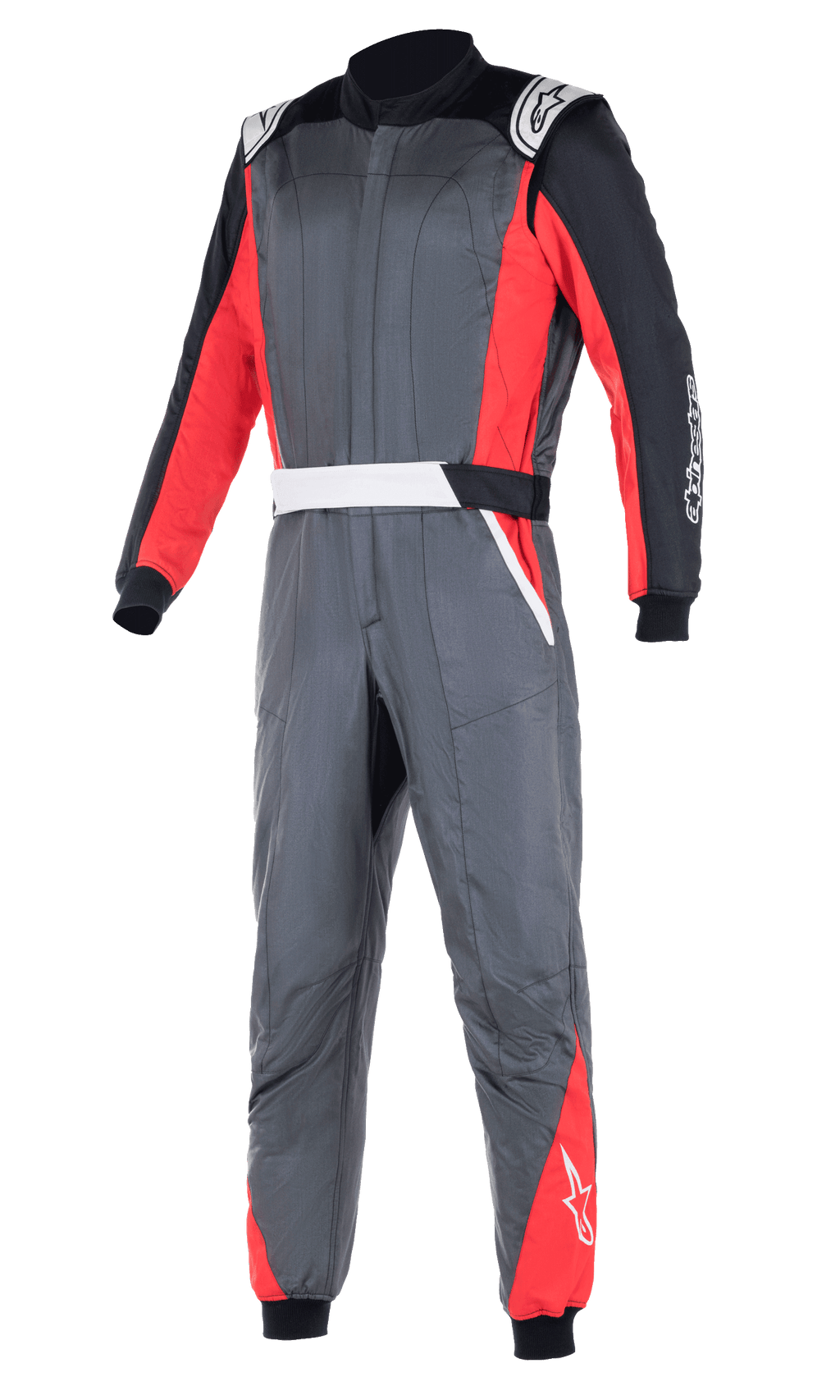 Alpinestars Atom FIA Suit, tuta da corsa professionale, grigio antracite con pannelli rossi e neri, spalline bianche e loghi, costruzione a due strati per la protezione dal calore e dalle fiamme