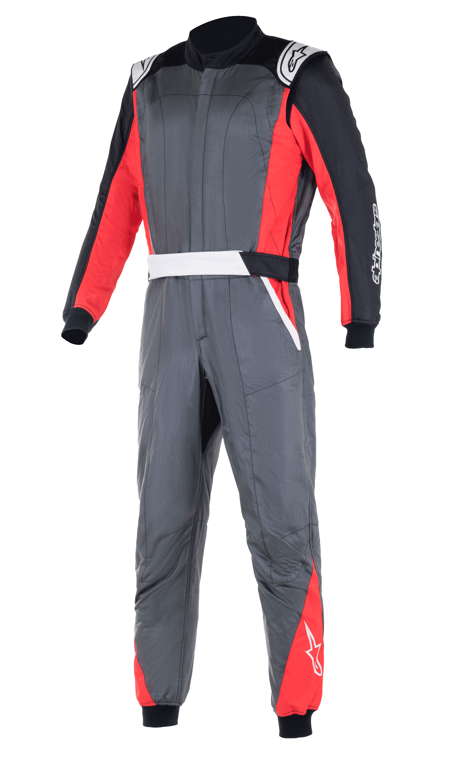 Alpinestars Atom FIA Suit, tuta da corsa professionale, grigio antracite con pannelli rossi e neri, spalline bianche e loghi, costruzione a due strati per la protezione dal calore e dalle fiamme