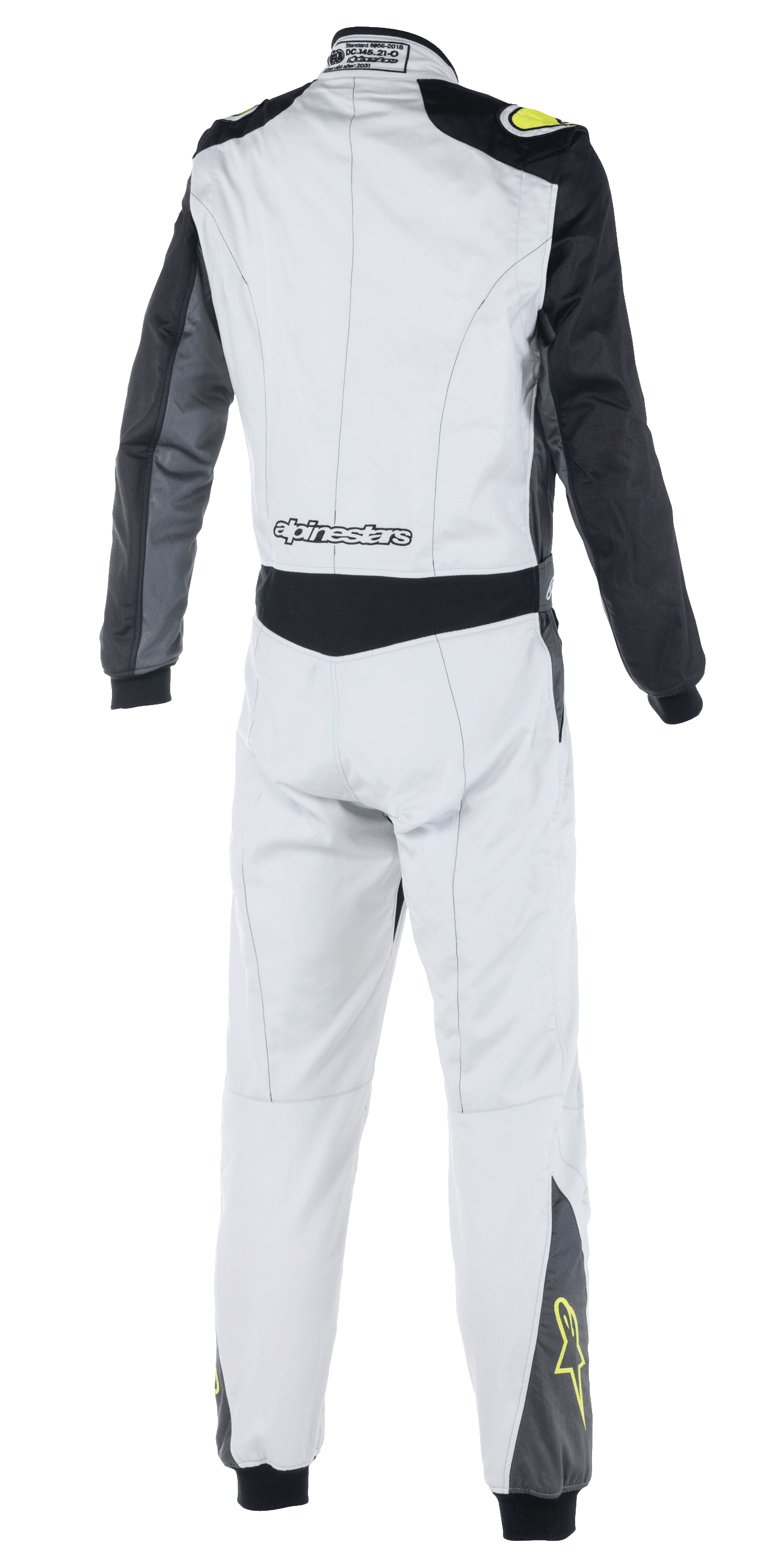 Tuta Alpinestars Atom FIA, tuta da corsa auto, argento, antracite e giallo fluo, vista posteriore con maniche nere e pannello in vita, marchio Alpinestars sulla parte bassa della schiena, loghi a stella gialli sulla parte inferiore delle gambe, abbigliamento da motorsport certificato FIA