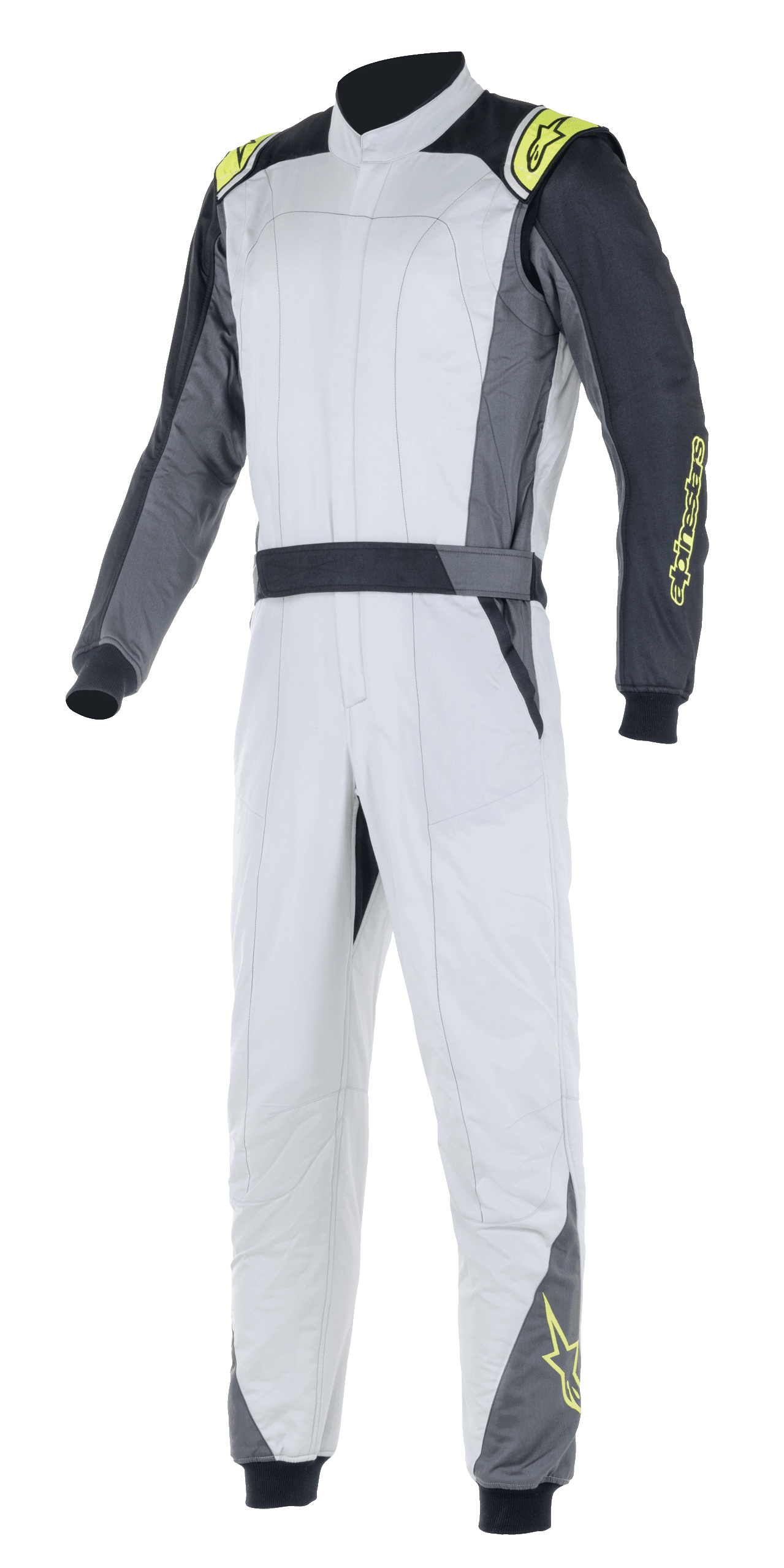 Alpinestars Atom FIA Suit, tuta da corsa automobilistica, argento e antracite con accenti giallo fluo, design monopezzo con collo alto e polsini elasticizzati, abbigliamento protettivo professionale per competizioni automobilistiche
