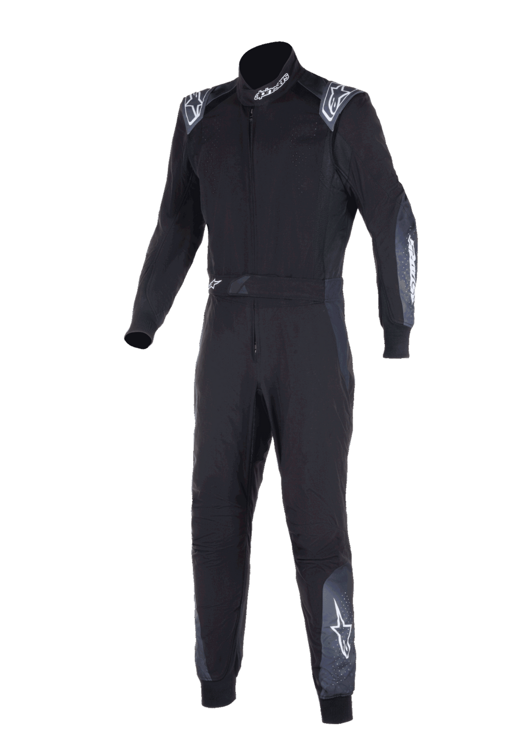 Tuta Alpinestars KMX-5 V3, tuta da kart, nero e dark shadow, tuta da corsa intera con logo Alpinestars bianco su spalle, collo e gambe, costruzione tecnica a doppio strato per karting professionale