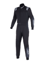 Tuta Alpinestars KMX-5 V3, tuta da kart, nero e dark shadow, tuta da corsa intera con logo Alpinestars bianco su spalle, collo e gambe, costruzione tecnica a doppio strato per karting professionale