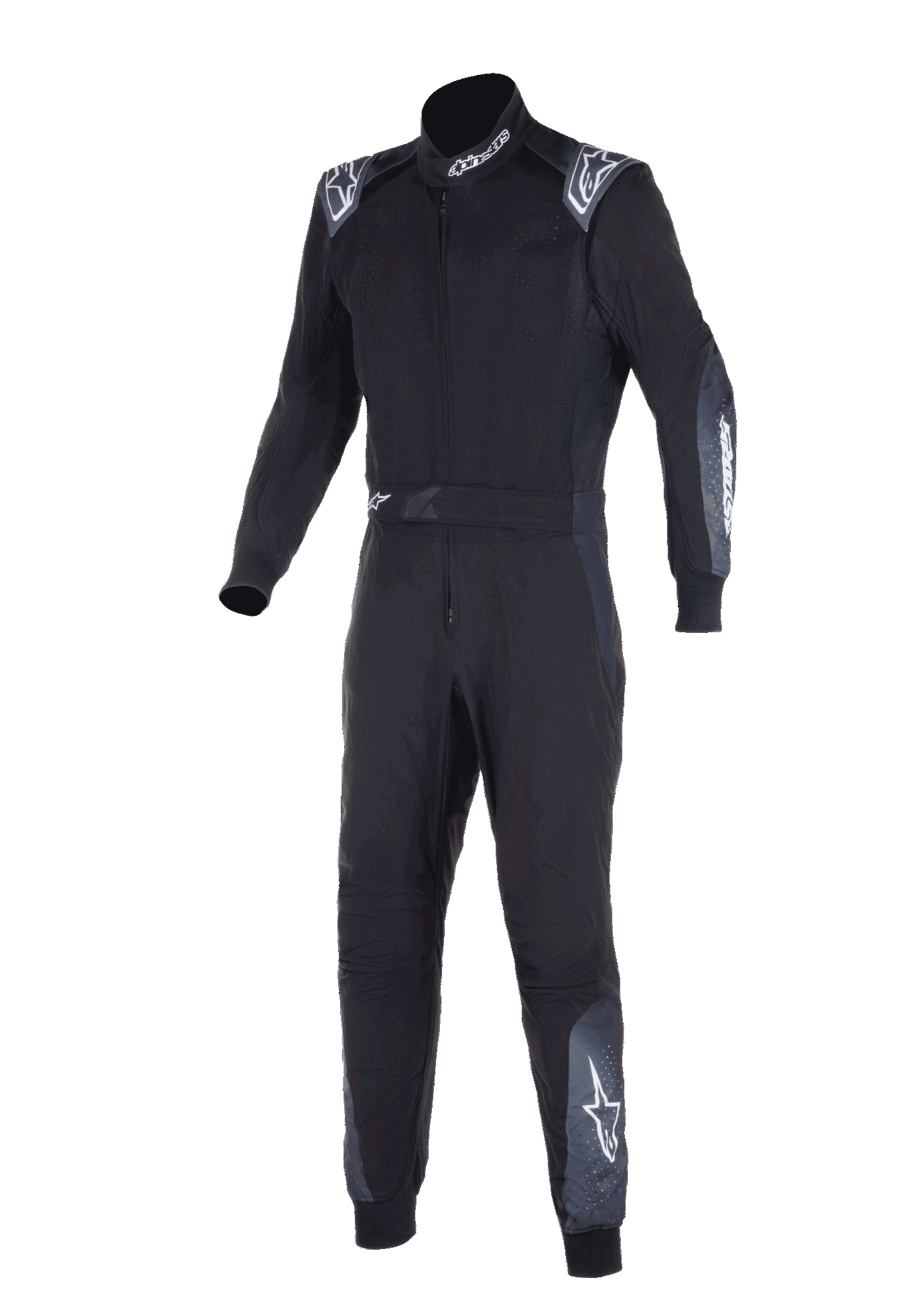 Tuta Alpinestars KMX-5 V3, tuta da kart, nero e dark shadow, tuta da corsa intera con logo Alpinestars bianco su spalle, collo e gambe, costruzione tecnica a doppio strato per karting professionale