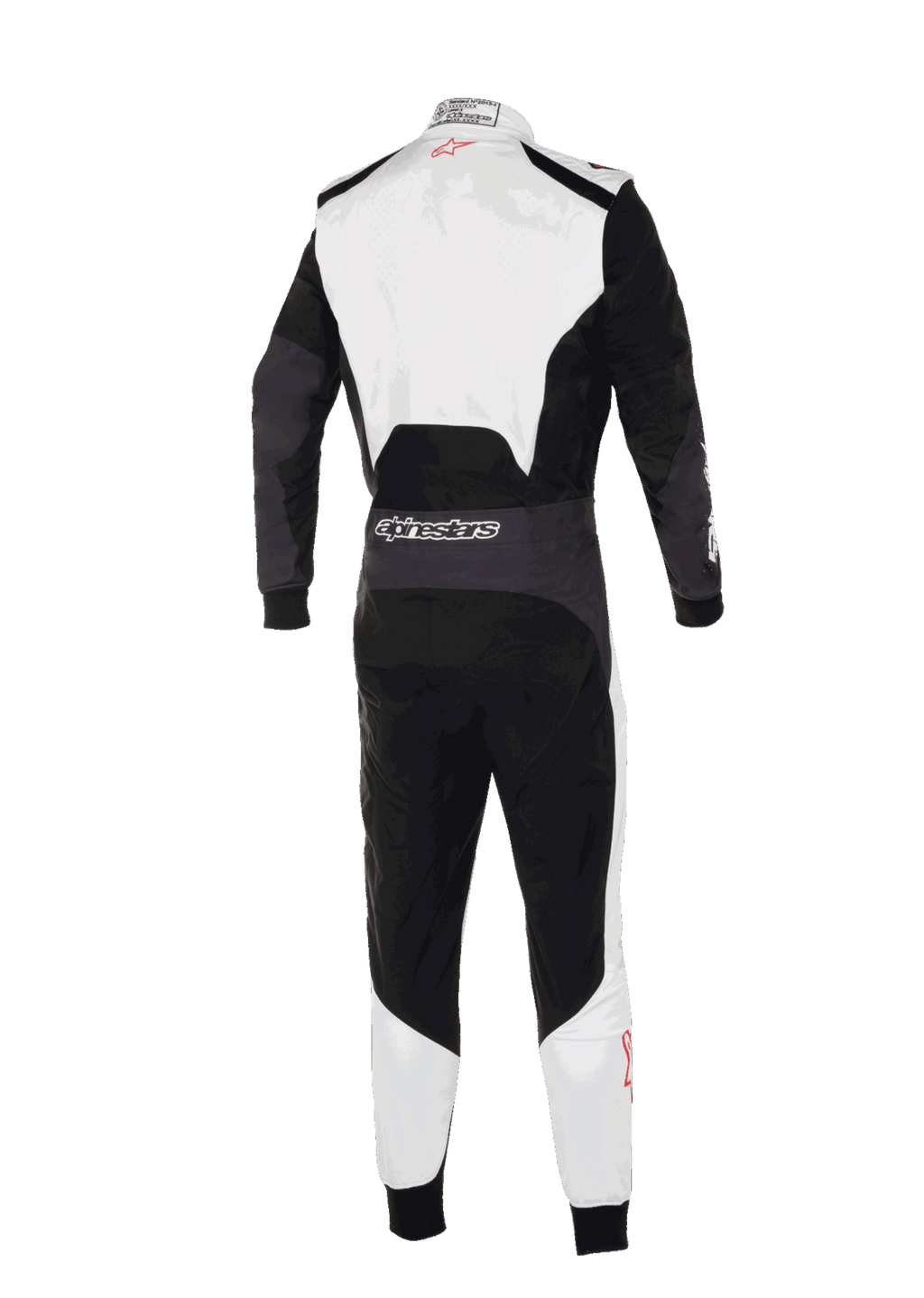 Tuta Alpinestars KMX-5 V3, vista posteriore della tuta professionale da kart, bianco, nero e rosso acceso, con parte superiore della schiena e parte inferiore delle gambe bianche e pannelli principali neri, logo Alpinestars sulla vita posteriore, design ergonomico per competizioni agonistiche.